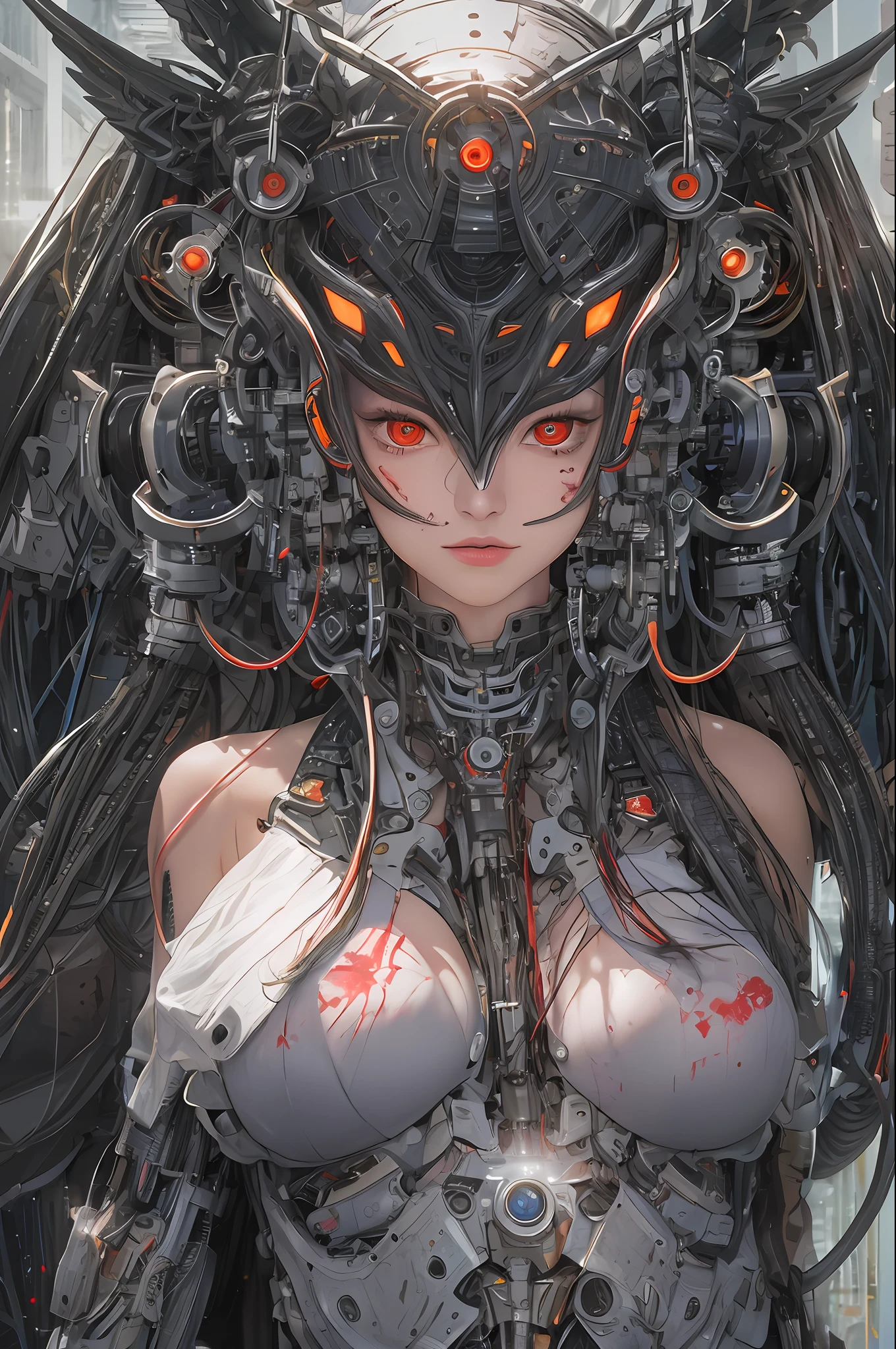 top-quality、masterpiece、超A high resolution、(Photorealsitic:1.4)、Raw photo、女の子1人、Black hair、glowy skin、1 Machine Devil、large metal wings、Metal horn、((super realistic details))、portlate、globalillumination、Shadow、octan render、8K、ultrasharp、Colossal tits、Raw skin is exposed in cleavage、Black fiberglass body、Details of intricate gilded ornaments、Sumerian details、About Cyberpunk、Glowing LEDs、IC chips、Data Links、Hydraulic cylinder、highly intricate detail、Realistic light、Red Eyes、radiant eyes、Facing the camera、neon details、Mechanical limbs、blood vessels connected to tubes、Mechanical vertebrae attached to the back、mechanical cervical attaching to neck、cowboy shot、Wires and cables connecting to the head、Luminous tube、Small LED lamp、