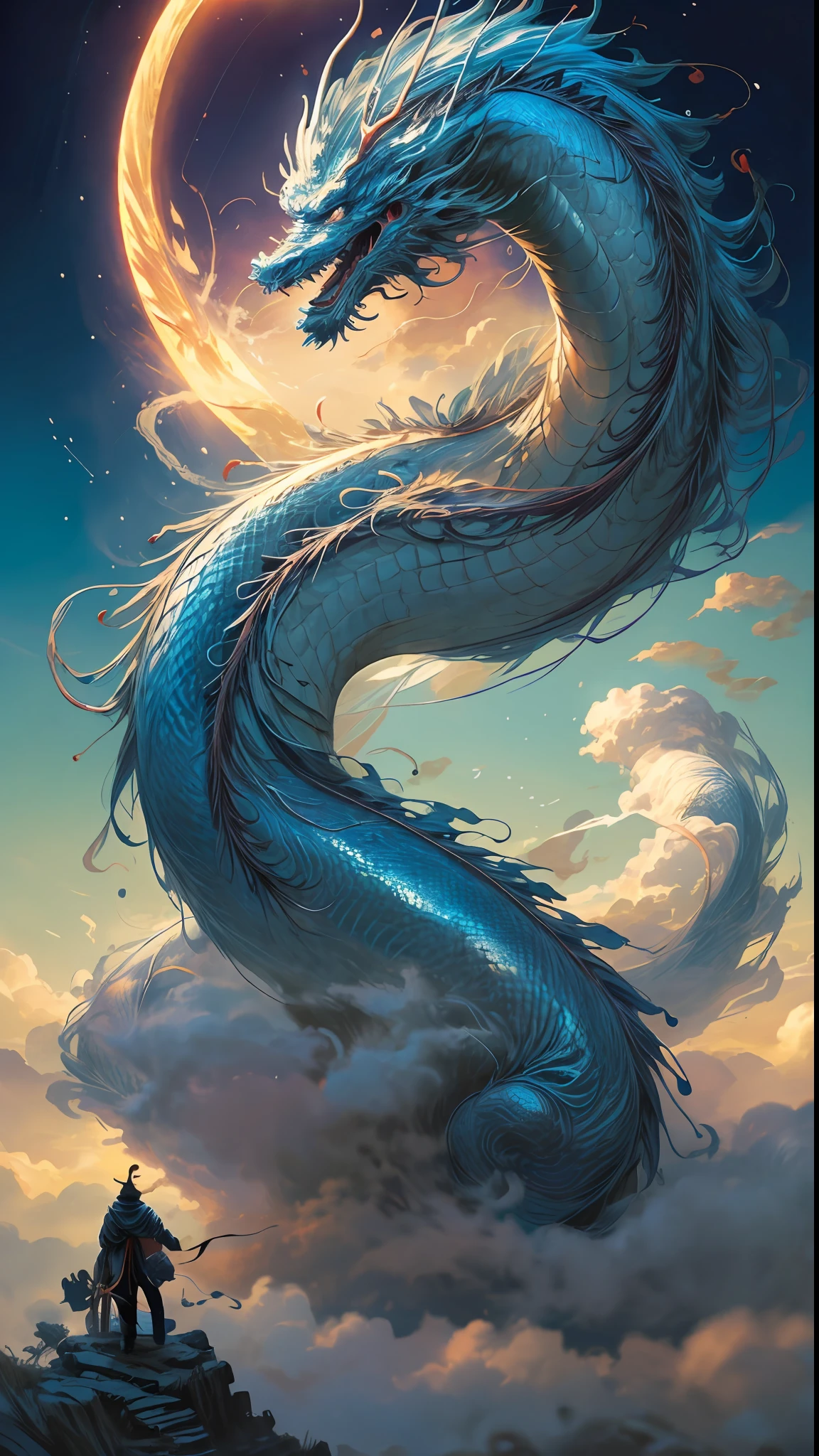 (foto RAW, melhor qualidade), (realista, foto-realista: 1.3), extremamente delicado e belo, Awesome, finamente detalhe, obra-prima, ultra-detalhado, highres, (best illustration), (melhor sombra), intrincado, A Chinese monk stands atop a mountain peak shrouded in mist, longos cabelos negros, (usando longas vestes brancas), com detalhes azuis e vermelhas, his right hand raised diagonally, empunhando uma espada longa, from the back, in front of a Chinese loong, gigantic blue chinese dragon, (loong: 1.4), nuvens, tempestade, montanhas, sun sunset, foco nítido, Volumetric mist, 8k UHD, DSLR, alta qualidade, (grain of film: 1.4), Fujifilm XT3,