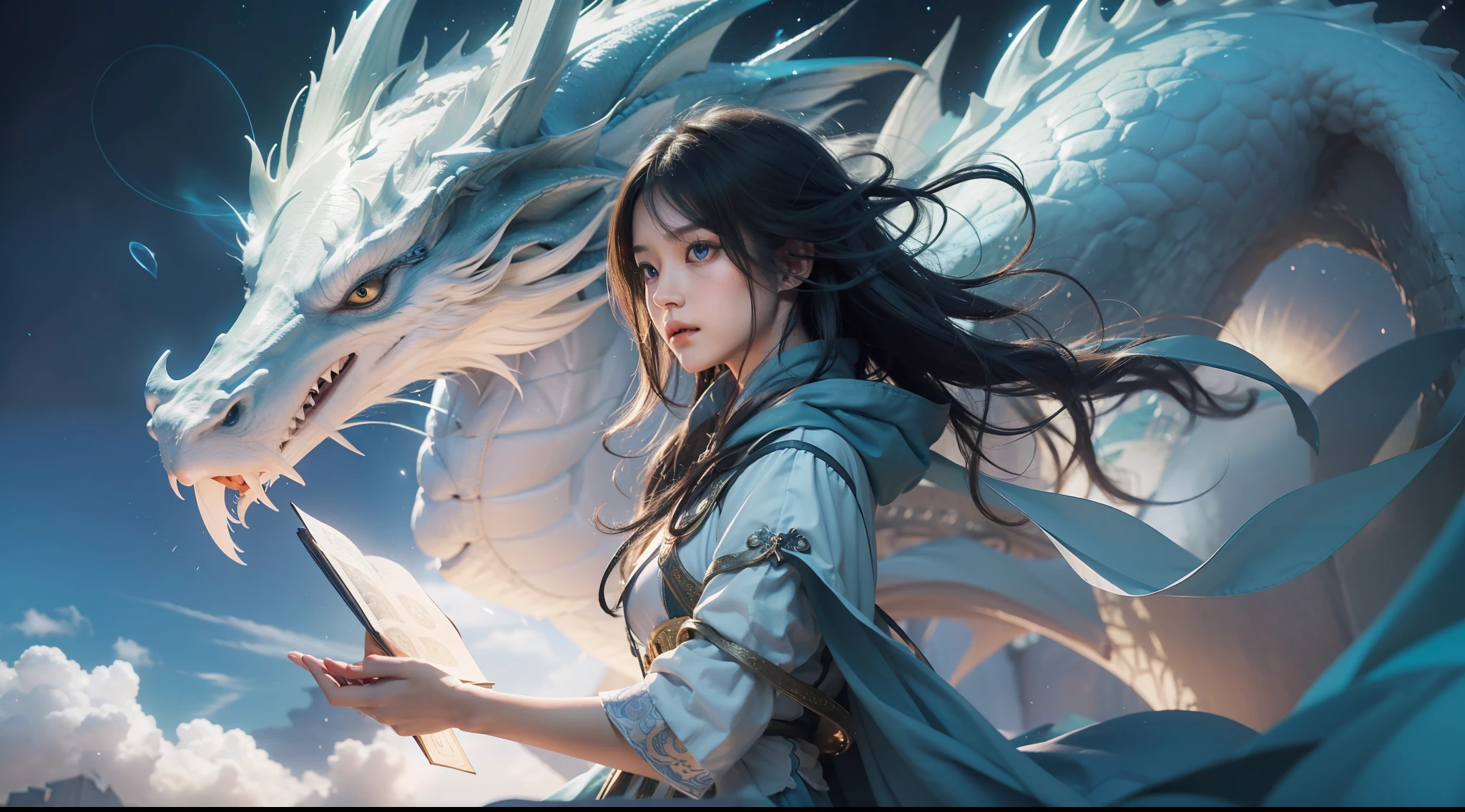 Medieval street corners,Night, Dark, (Fantasy),infinite,deep blue sky,The abyss of knowledge,Cowledge,((masutepiece)), (((Best Quality))),((Beautiful fine eyes)),(Eye lashes)、Realistic clouds、Very beautiful face、The ultra -The high-definition、Beautiful girl flying in the sky with giant white dragon、(女の子1人)、Black hair、The long-haired、abyss eyes、glowy skin、oils、small tits、Perfect human body structure、Wizard robes、tattered cloth、Realistic coat、Teenchi、Super delicate CG Unity 32k wallpaper、photoRealstic、masterpiece, ((ultra-detailliert)), ((illustratio)),colourfull,wall-paper,The energy,Unknown terror,Incomprehensible,Around the magic,Magical surroundings,magic wands,Boken,Flying pages,Know everything,Predict the future、Get to know the past、Infinite wisdom、blue flames、Warlock、magic circles、Pentagram、Spells、mantra、Singing magic
