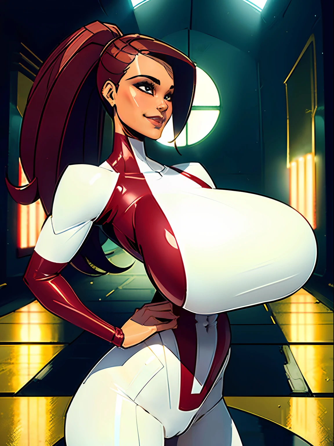 1girl, short busty petite brunette comic book woman, gorgeous face, masterpiece, beautiful, high quality, high definition, superb quality, highly detailed, insane detail, hands on hips, happy, smiling, sexy pose, hand on hip, long hair, huge ponytail, slim, thin, athletic, womanly, rubbery, elastic woman, (modest red spandex with white panels on sides, red and white morph suit, tight top), rubber body, brunette, (((gigantic breasts, gigantic boobs, massive tits, slim waist, overflowing breasts, too big for her top))), city, soft lighting, natural lighting, natural color, heroic, cheerful, (bold nose, hawkish facial features),