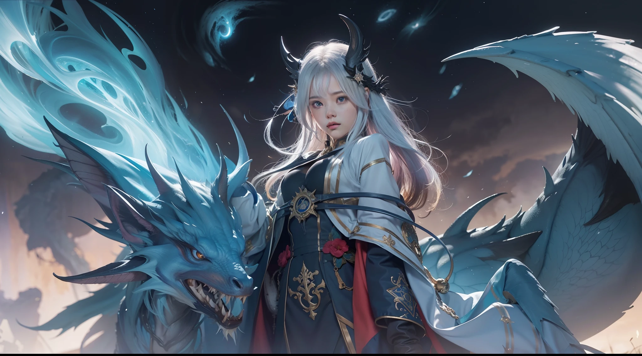 Medieval street corners,Night, Dark, (Fantasy),infinite,deep blue sky,The abyss of knowledge,Cowledge,((masutepiece)), (((Best Quality))),((Beautiful fine eyes)),(Eye lashes)、Realistic clouds、Very beautiful face、The ultra -The high-definition、Beautiful girl flying in the sky with giant white dragon、(1人)、Black hair、The long-haired、abyss eyes、glowy skin、oils、small tits、Perfect human body structure、Wizard robes、tattered cloth、Realistic coat、Tee、Super delicate CG Unity 32k wallpaper、photoRealstic、masterpiece, ((ultra-detailliert)), ((illustratio)),colourfull,wall-paper,The energy,Unknown terror,Incomprehensible,Around the magic,Magical surroundings,magic wands,Boken,Flying pages,Know everything,Predict the future、Get to know the past、Infinite wisdom、blue flames、Warlock、magic circles、Pentagram、Spells、mantra、Singing magic