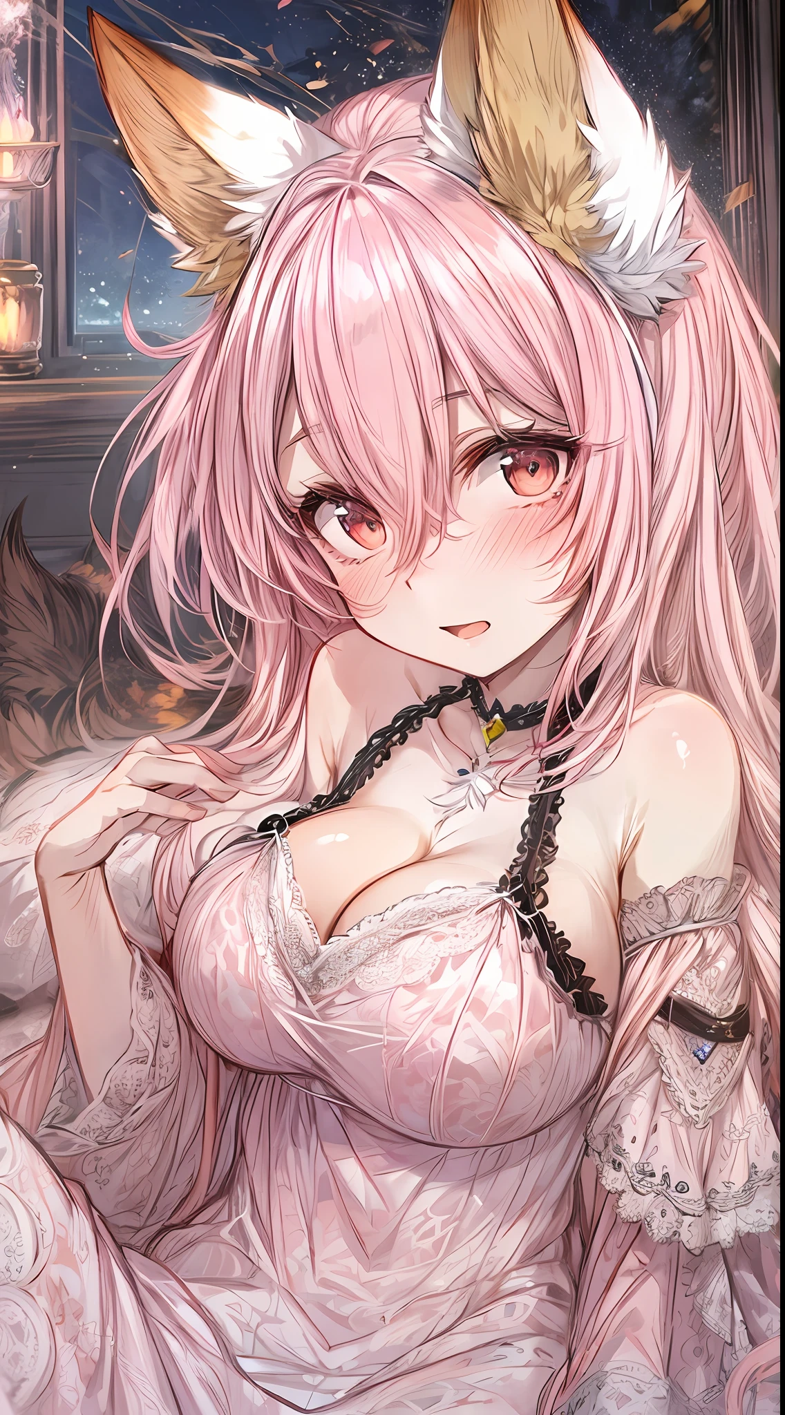 anime (🦊 fox ears, enchanting pink hair, lace nightgown, focused, enormous breasts)