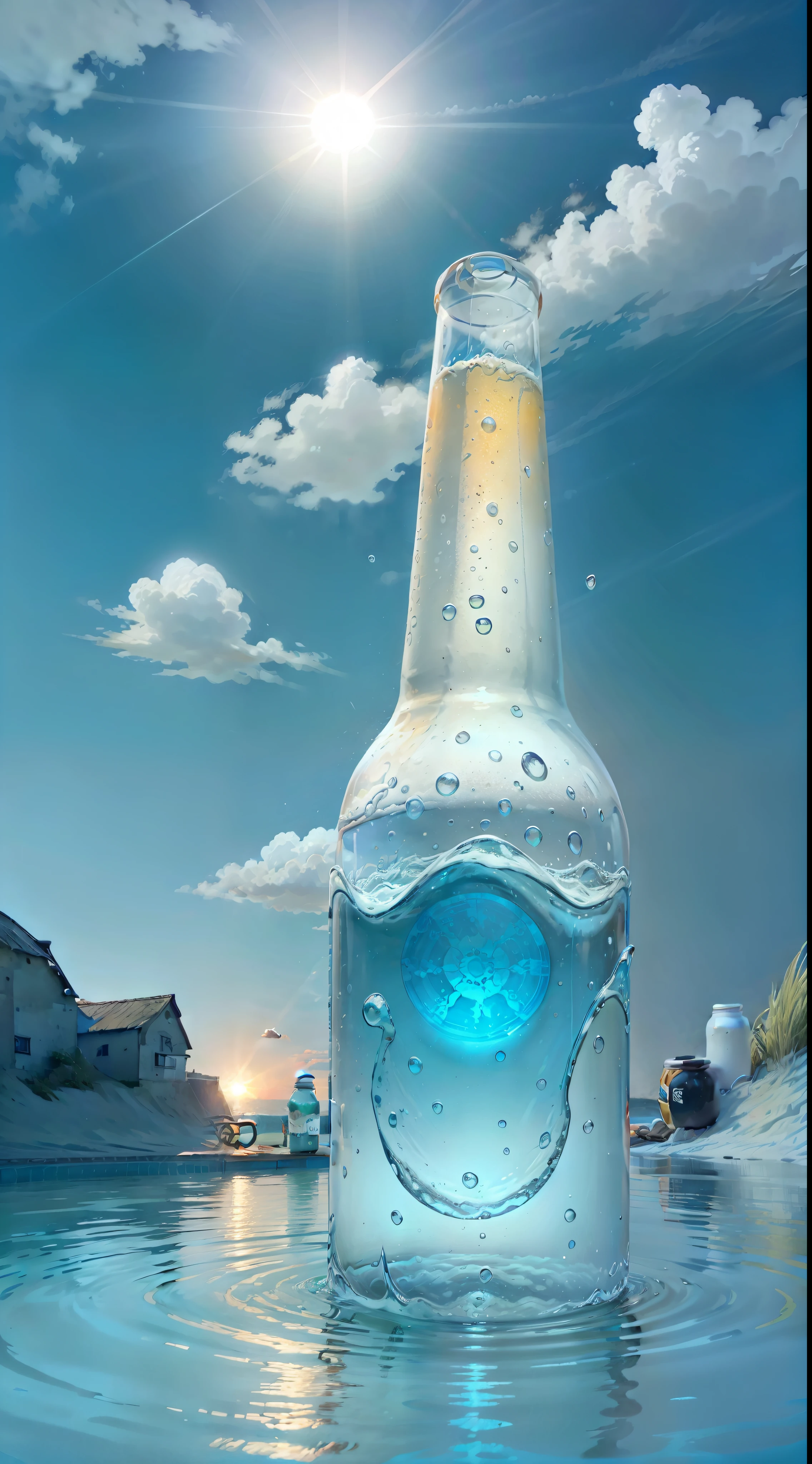 Prospect beer bottle,The bottle is half-immersed in water,Huge circular open air pool background,poolparty,The color is bright,Blue sky,A few white clouds,夏天,the Sun Shining