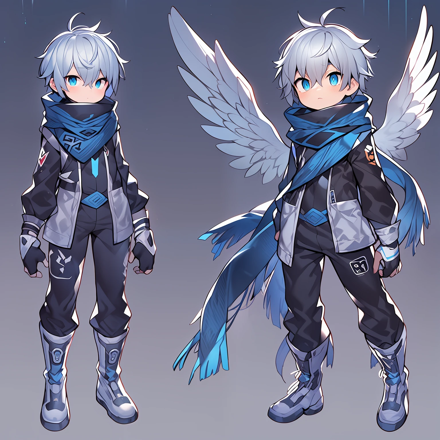 Game CG,8K quality,((younge boy)),juvenile sense,Anime male protagonist,Silver-haired blue dye,Shining big eyes,Eyes look into the distance,Squint viewing angle,wings,goggles,((Black and blue jumpsuits)),Fingerless gloves,(Racing boots),assassins,entire body image,technology city,Scarf,Fingers are normal,The proportions are normal