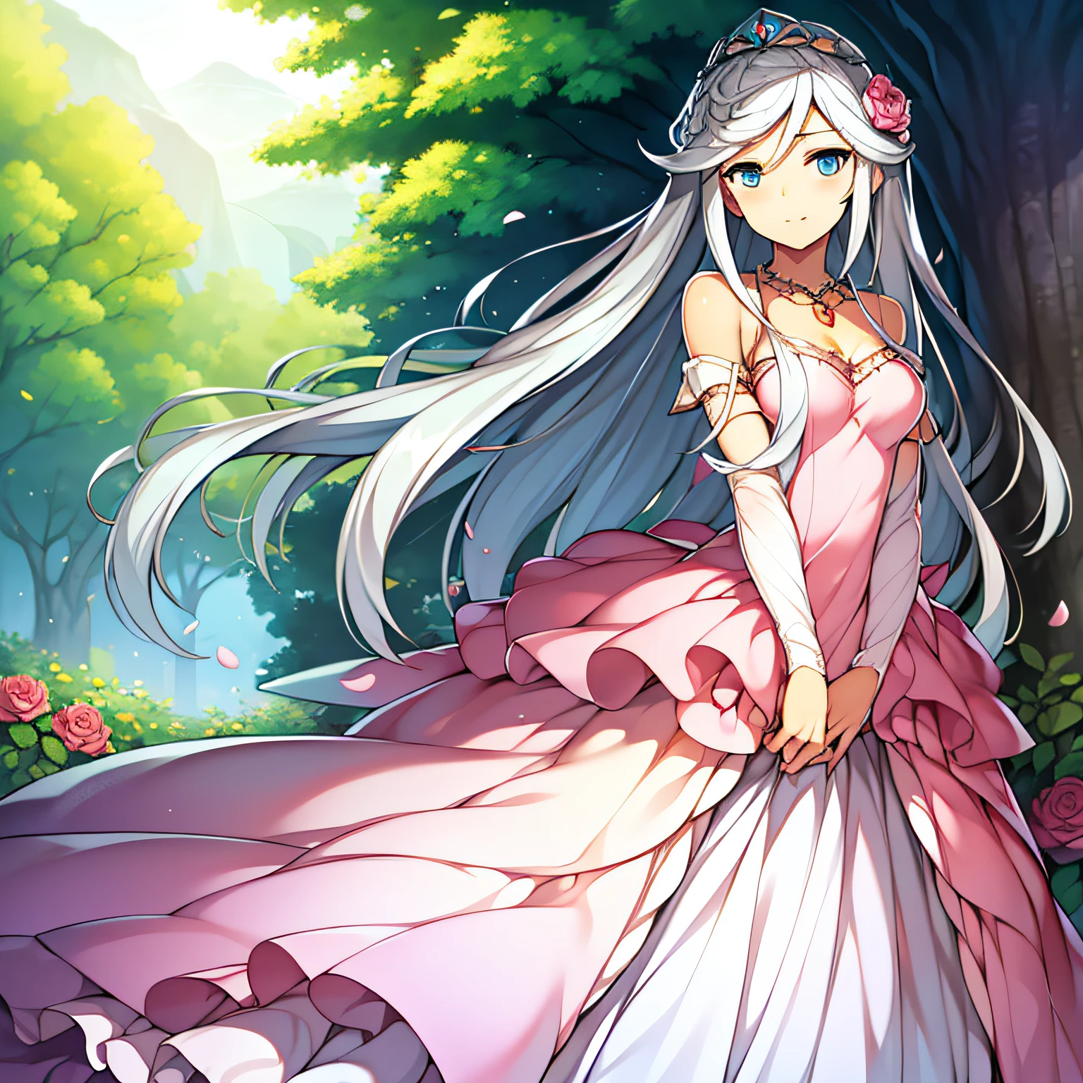 ((Masterpiece)), (((Best quality))), ((Ultra-detailed)), ((illustration)), ((Disheveled hair)), ((frilld)), (1 girl), (Solo),   shoulders，  Blue eyes，  bushes，  Castle， Clothing， Cloud，  Cloudy sky， crown， day， dress，  Female， flower，  Hand on chest， hand on her own chest， Headwear， jewelry， Long hair， view the viewer， necklace， Outdoors， petals， Pink dress，  Rose，  Silver hair，  sky，  No shoulder strap， Strapless dress，  head gear， two sides up，   Very long hair，  White hair， Wind，ssmile,
