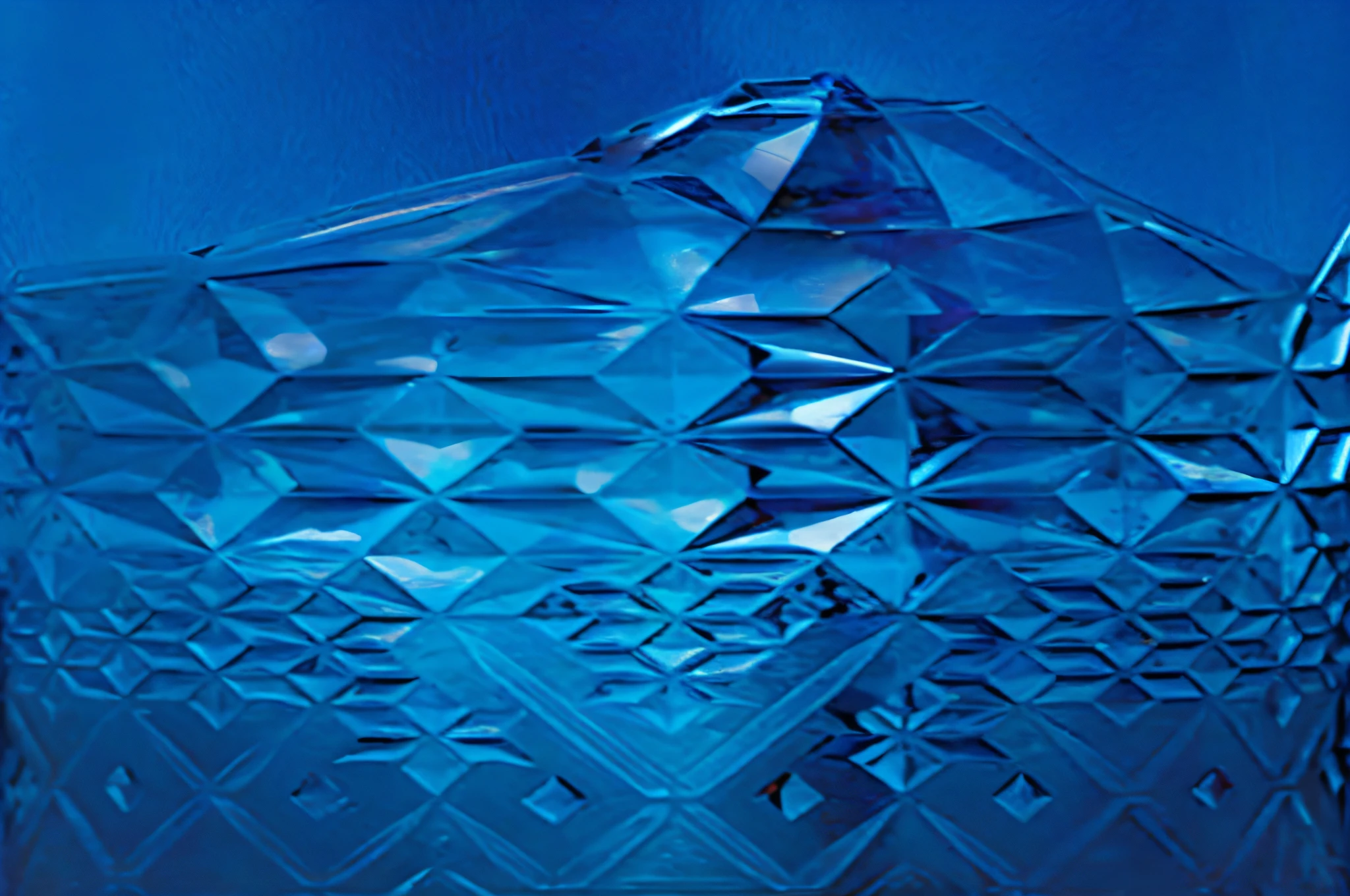 There is a blue glass vase,It has a diamond-shaped pattern on it, the blue whale crystal texture, Refiq Anadol, refractive crystal, crystalline skin, Issey Miyake, cast glass, Blue-Ice, faceted, carved from sapphire stone, crystal material, wrapped blue background, crystalline edges, swarovski, fractal details diamond skin, Crystalline
