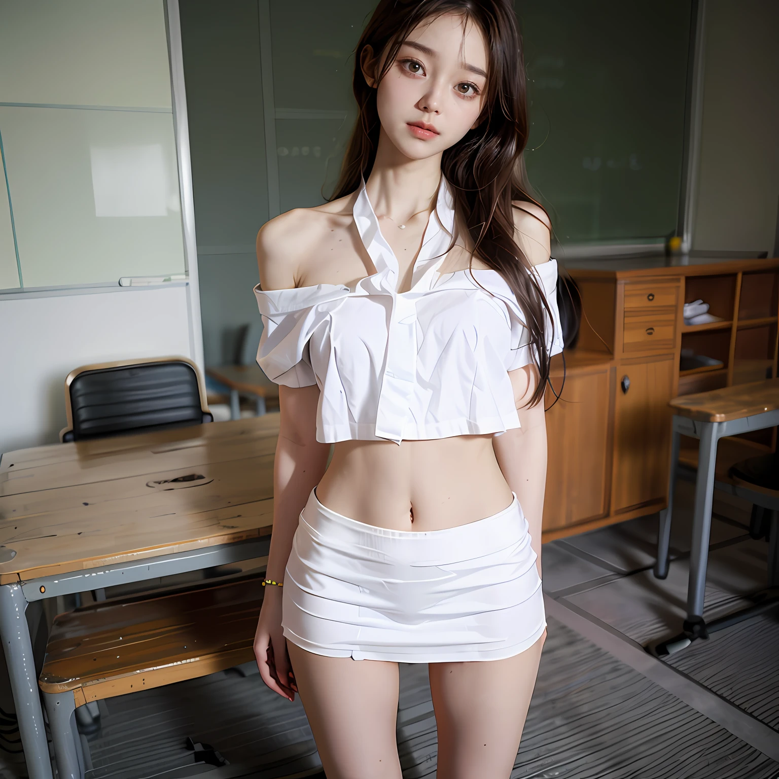 Standing in an abandoned classroom,legs are open,Garbage all over the ground,grimy, urinating, junk, tmasterpiece, Best quality at best, highly detailed,Extremely broken white Japanese girls' school uniform,White miniskirt,cropped shoulders,revealing the lower abdomen,revealing breasts,Leaking the genitals,showing butt,scruffy,Abandoned,Naked,of a shirtless,Masterpiece,best qualtiy,A Korean beauty,Extreme image quality