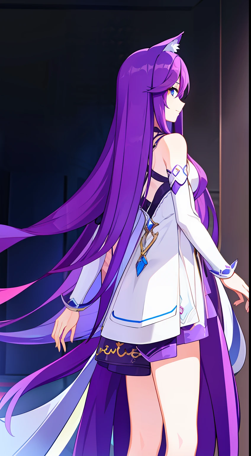 young girl, long purple hair, cat ears, cat tail, blue eyes, white luxury dress, Masterpiece, hiquality