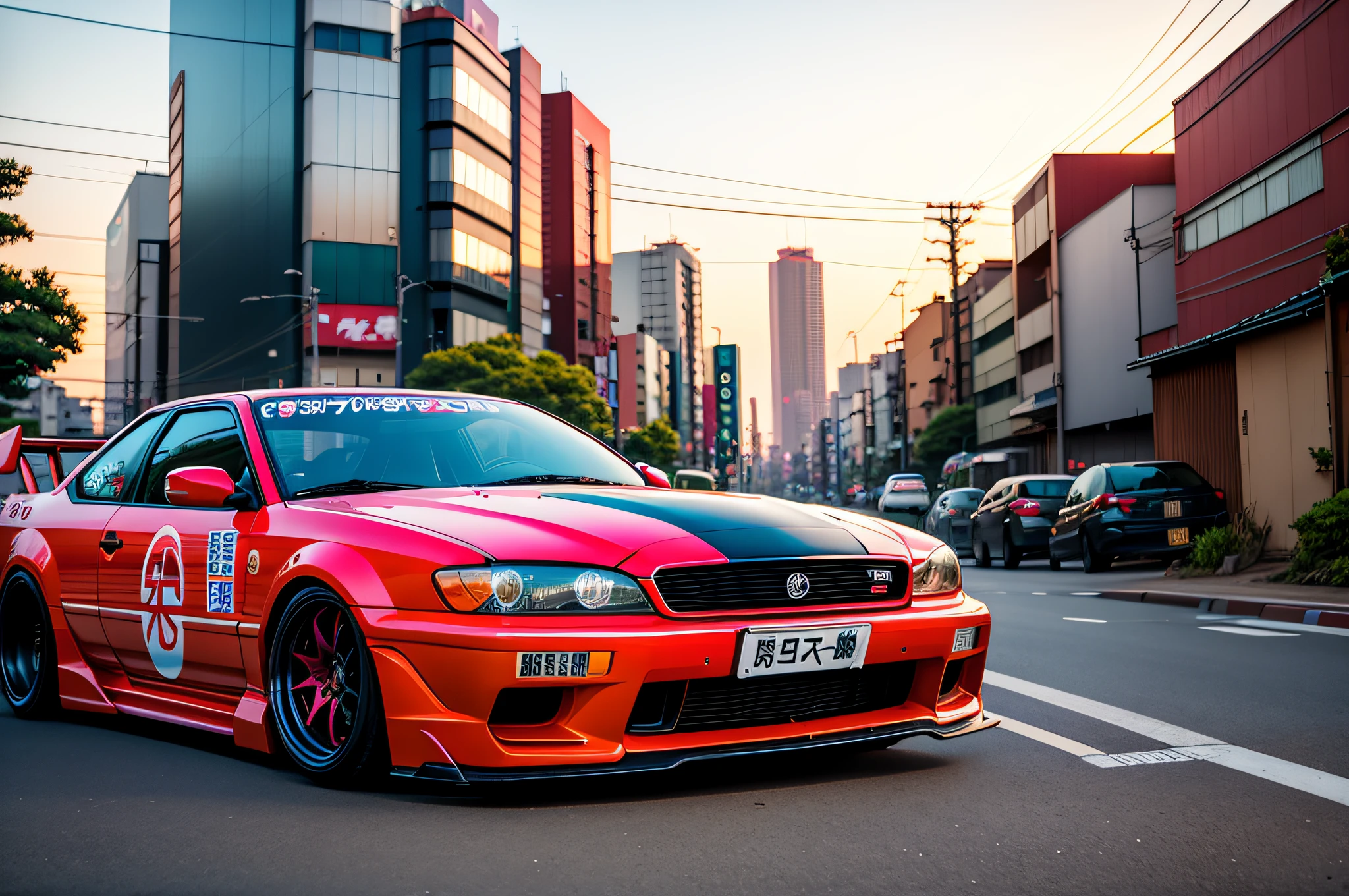 Tokyo Soda,drift car,tokyo city sunset,gibli style