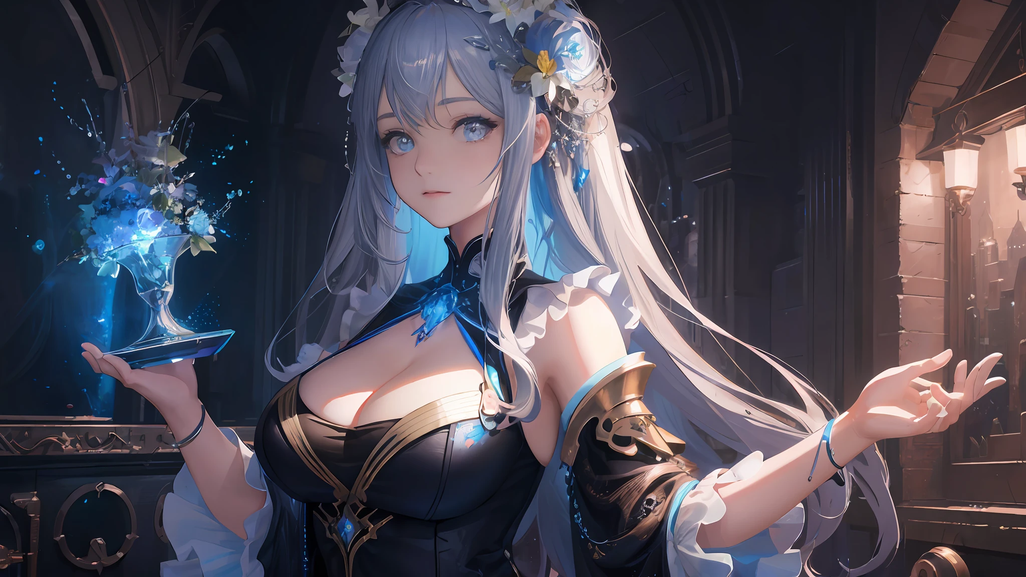 ((Masterpiece)), Best quality, High quality, ((Very detailed CG unity 8K wallpaper)), (fantasy),Dark atoms, the sea,Blue tears,closeup cleavage , , , Mono Lake, Park 3D digital painting, award winning photography, Bokeh, Depth of field, hdr, full bloom, less big breasts, color difference , Photorealistic, The is very detailed, trending on artstationh, trending on CGSociety, Intricate, high detal, dramatics, halfway art,