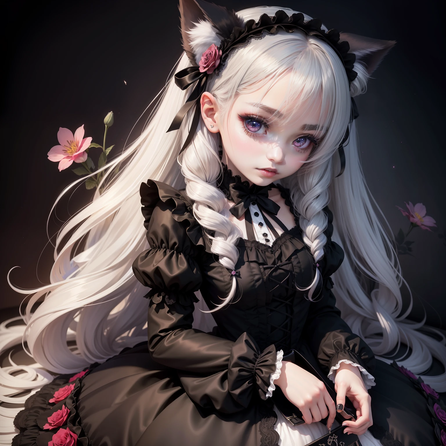 gothic_lolita, top-quality, ultra-detailliert, 1girl in, Chibi, cute little, Black clothe, de pele branca, flowers background, lolita hairband, silver hair, gradient_eyes, longeyelashes, wolf ears, Renaissance, masterpiece