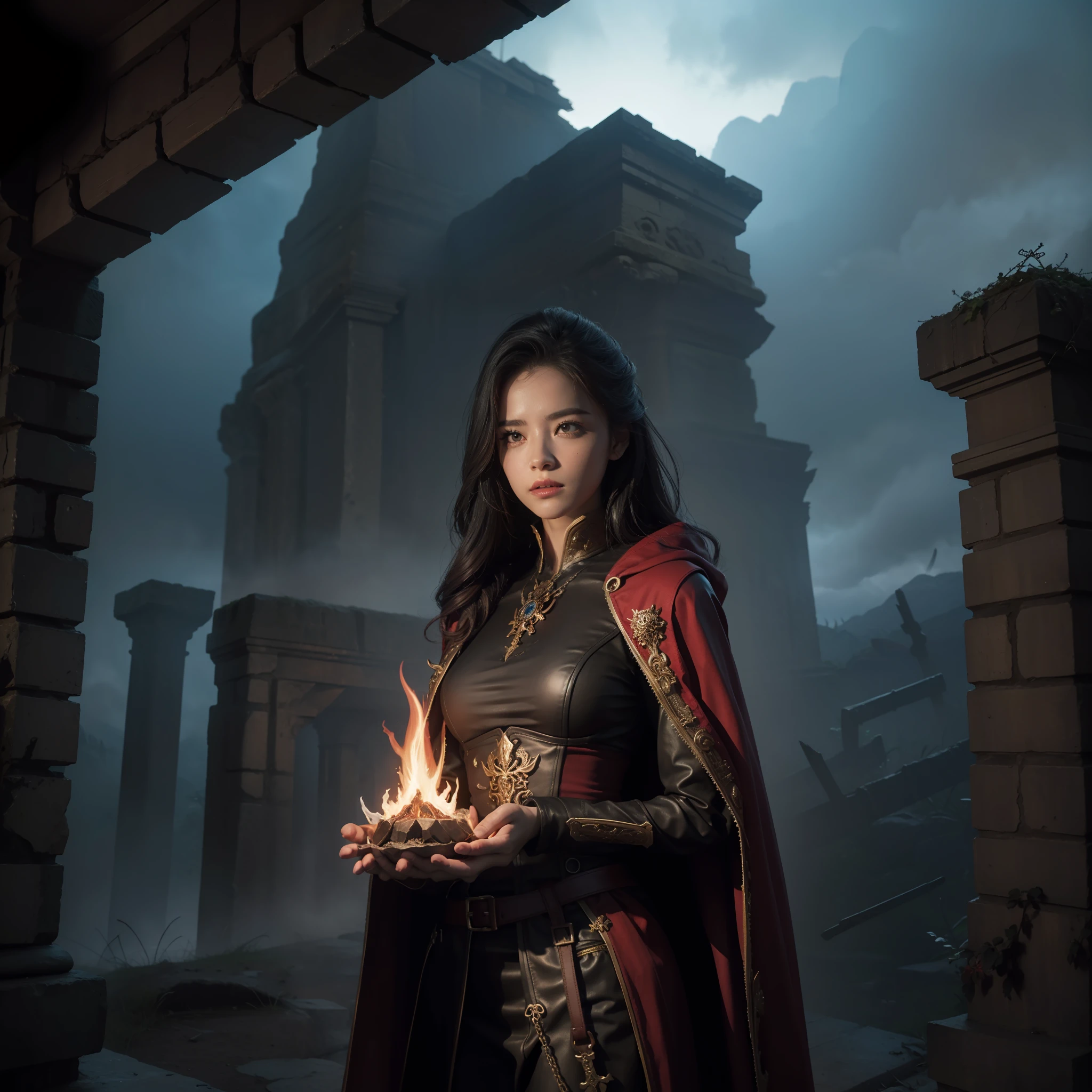 "((Epic fantasy scene)) In Diablo 4: Powerful and charming female magician，Decorated in magic "Unlimited bathrobes," Stand in the middle of the battlefield, engulfed in a magical flame. Her hands exude immense mysterious power, Cast intricate spells，structure, Formative reality. The sky overhead is darkening, When dark clouds swirl, Crackling bolts ({{Crimson zipper}}). Ao redor dela, Towering ancient ruins echo the whispers of forgotten civilizations.