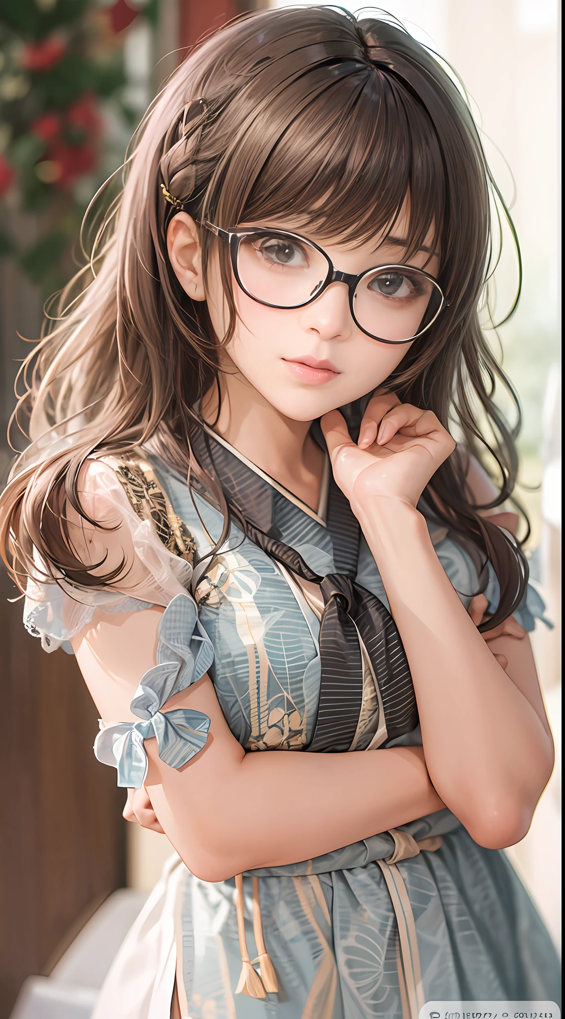 japanese young lady, {{black frame glasses}}, brown colour hair, bangs, detailed beautiful face, slim body, beautiful young girl,highly realistic photo, cute pose,full body,
