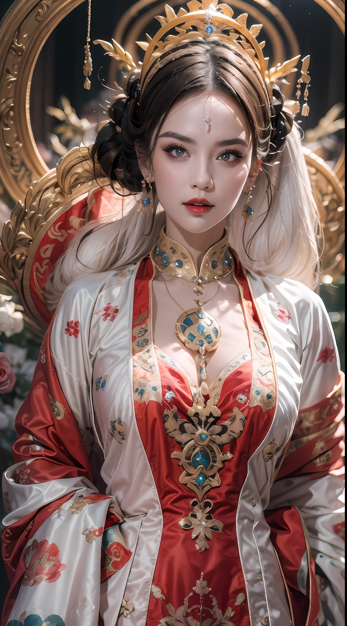 portrait of a beautiful 20 year old holy woman, wearing a thin multicolored silk dress, beautiful face without blemishes, ((natural smile:0.3)), Mouth closed, ((7-color hair length:1.2)), big crown, hair brooch, hanfu dress, chinese ancient style, full body jewelry, forehead tattoo, super even chest, face, red lips, delicate pink and white eyes (white and detailed) cinematic, light and dark, dramatic lighting, magical light, extremely detailed light, true color, super sharp, realistic, 8k quality, fantasy universe background, saints and magical space, the most detailed images, Exhibition photo, awarded, Eye-catching bright tone effect,