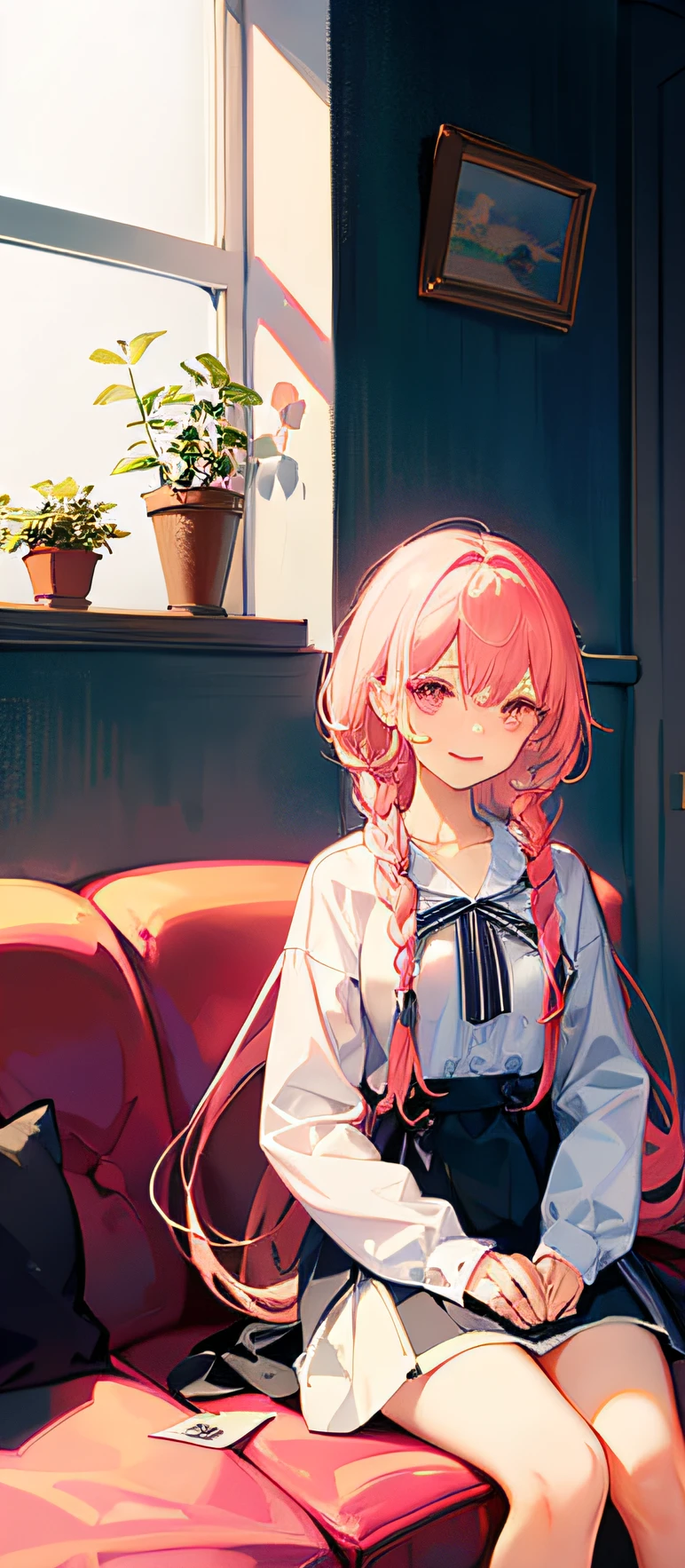 (tmasterpiece,best qualtiy:1.2),(looking at viewert),Happy face,dual horsetail,比基尼,Pink theme,cowboy lens,sitting in the couch,inside in room,rays of sunshine,with pink hair,a pink eyes,squatt