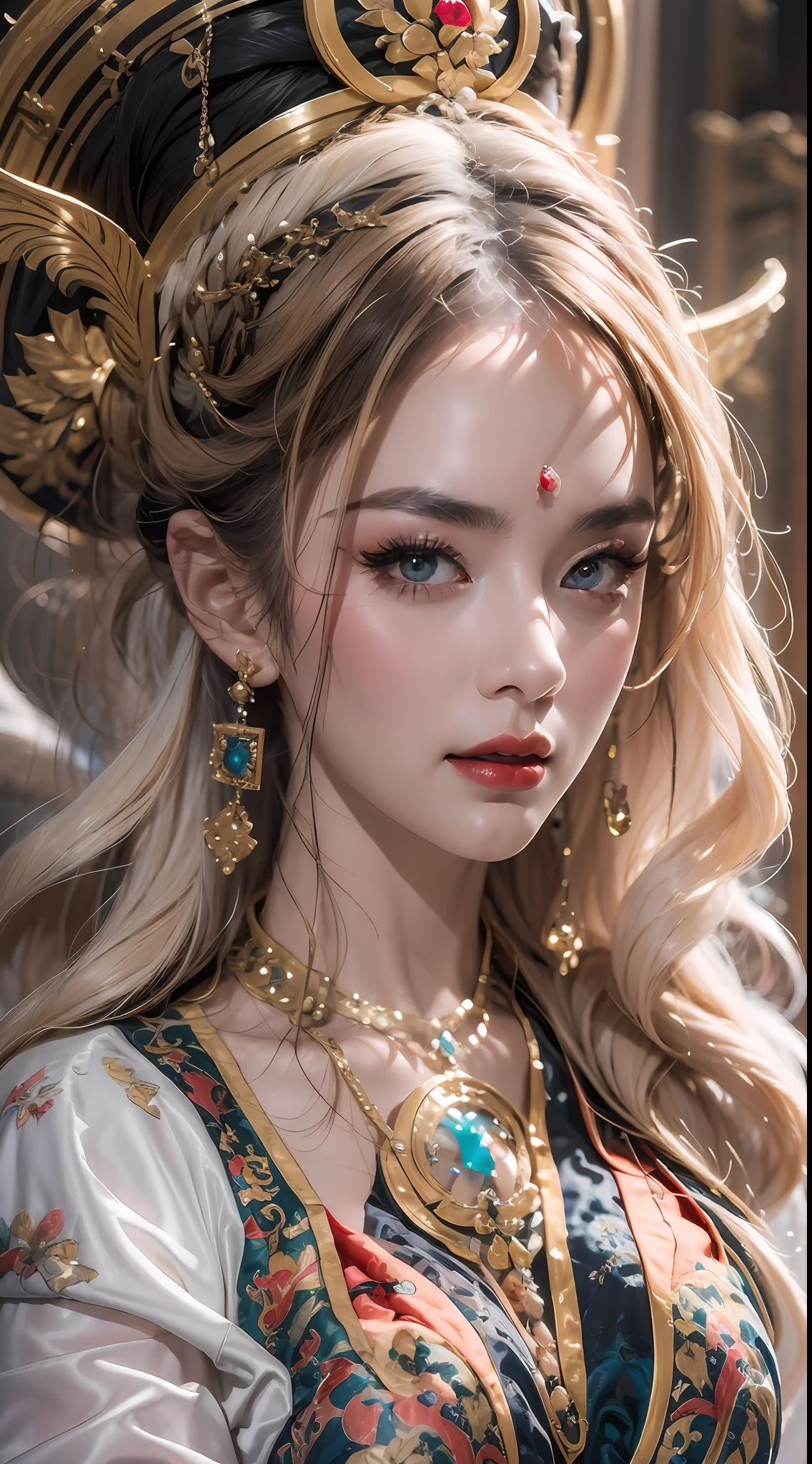 portrait of a beautiful 20 year old holy woman, wearing a thin multicolored silk dress, beautiful face without blemishes, ((natural smile:0.3)), Mouth closed, ((7-color hair length:1.2)), big crown, hair brooch, hanfu dress, chinese ancient style, full body jewelry, forehead tattoo, super even chest, face, red lips, delicate pink and white eyes (white and detailed) cinematic, light and dark, dramatic lighting, magical light, extremely detailed light, true color, super sharp, realistic, 8k quality, fantasy universe background, saints and magical space, the most detailed images, Exhibition photo, awarded, Eye-catching bright tone effect,