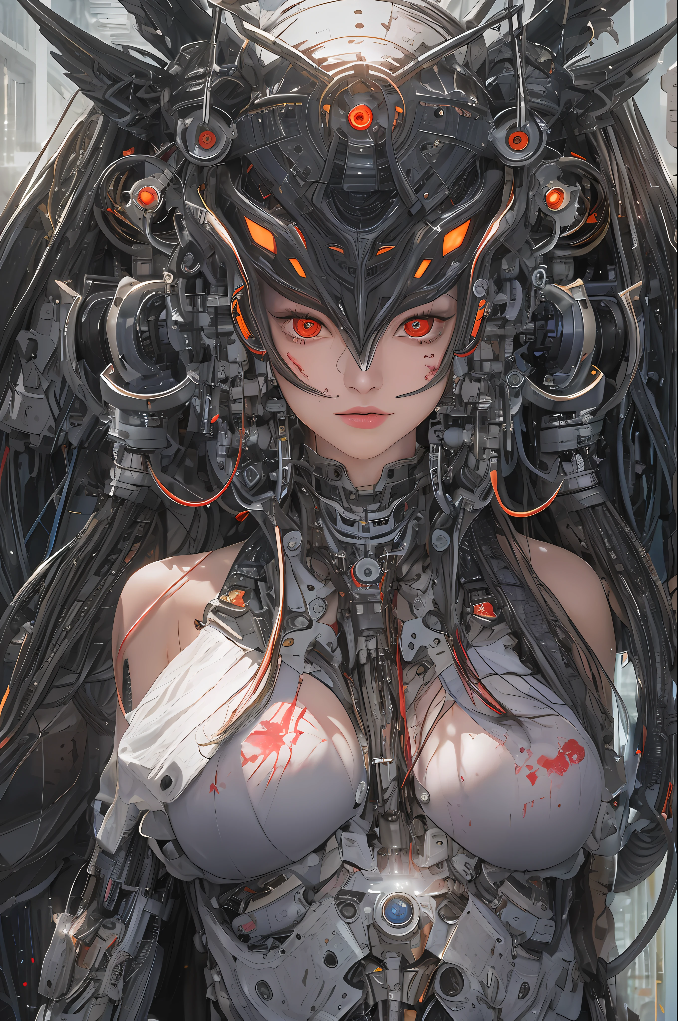 top-quality、masterpiece、超A high resolution、(Photorealsitic:1.4)、Raw photo、1人、Black hair、glowy skin、1 Machine Devil、large metal wings、Metal horn、((super realistic details))、portlate、globalillumination、Shadow、octan render、8K、ultrasharp、Colossal tits、Raw skin is exposed in cleavage、Black fiberglass body、Details of intricate gilded ornaments、Sumerian details、About Cyberpunk、Glowing LEDs、IC chips、Data Links、Hydraulic cylinder、highly intricate detail、Realistic light、Red Eyes、radiant eyes、Facing the camera、neon details、Mechanical limbs、blood vessels connected to tubes、Mechanical vertebrae attached to the back、mechanical cervical attaching to neck、cowboy shot、Wires and cables connecting to the head、Luminous tube、Small LED lamp、
