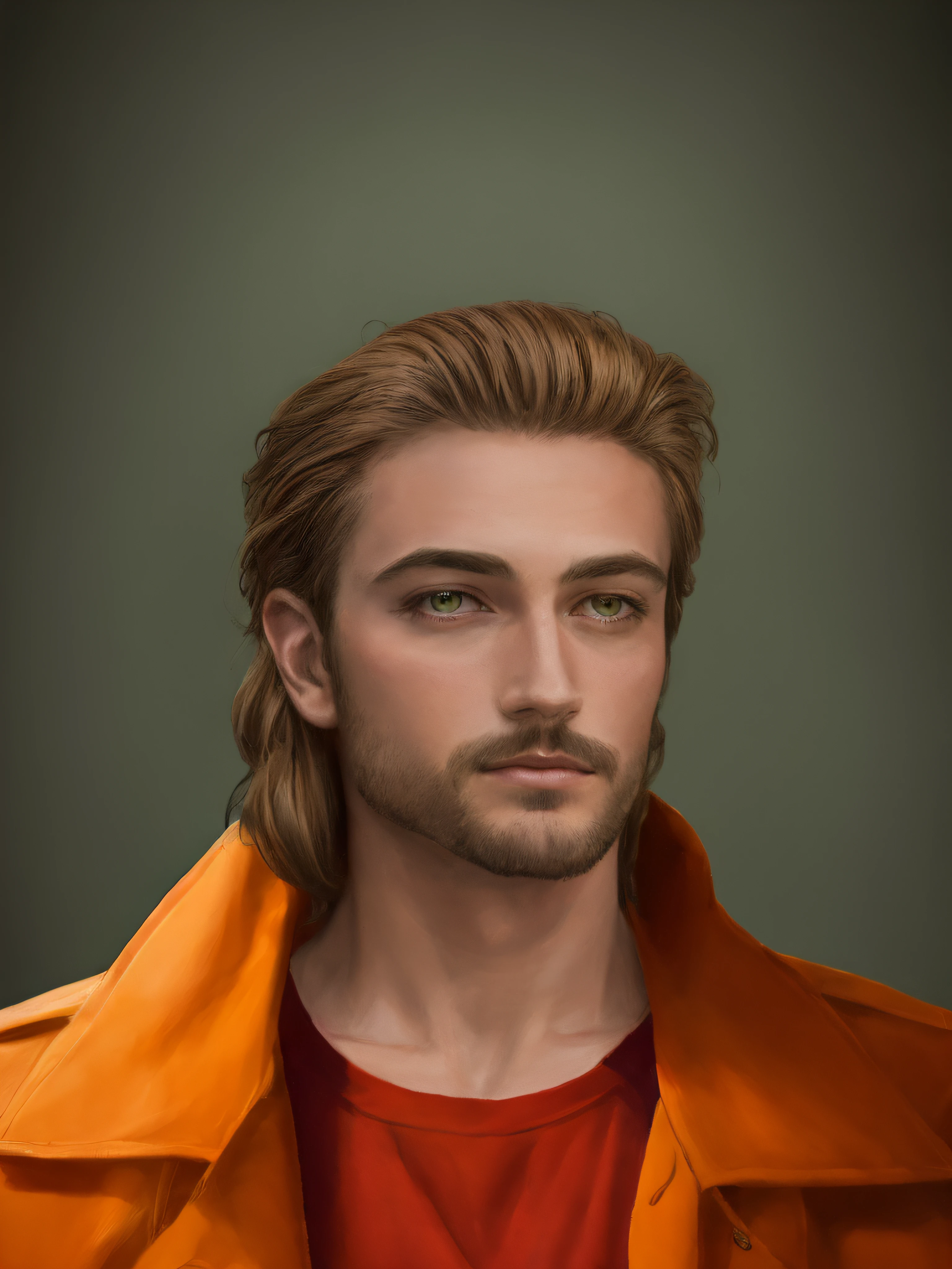 There's a man with long hair and a red shirt, retrato masculino da fantasia, bonito impressionante realista, pintura mate digital, retrato detalhado do caractere, pintura digital de personagens, liso. pintura digital, conceito de personagem realista, baixo detalhamento. pintura digital, pintura digital realista, estilo de arte realista, pintura digital detalhada, pintado digital, retrato de fantasia digital, Retrato anime de um homem bonito