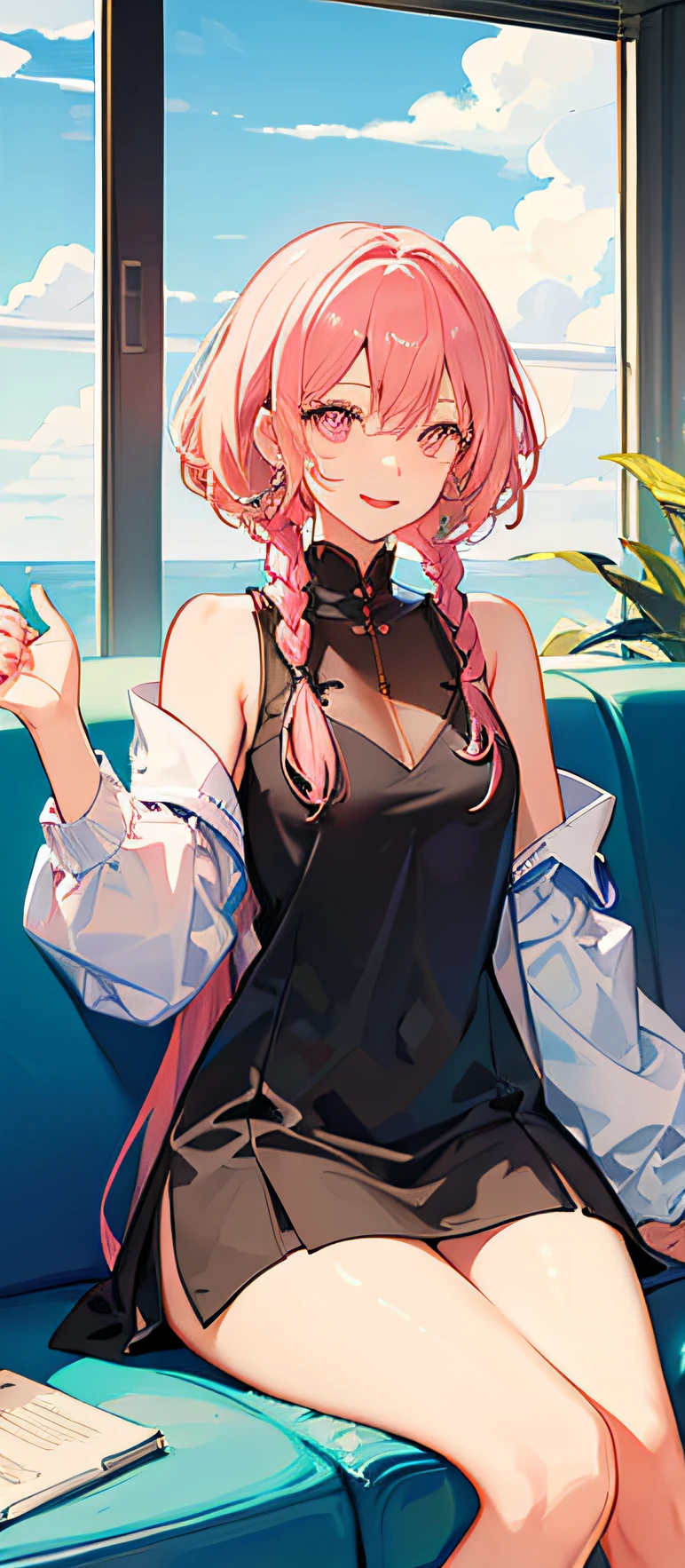 (tmasterpiece,best qualtiy:1.2),(looking at viewert),Happy face,dual horsetail,比基尼,Pink theme,cowboy lens,sitting in the couch,inside in room,rays of sunshine,with pink hair,a pink eyes,squatt
