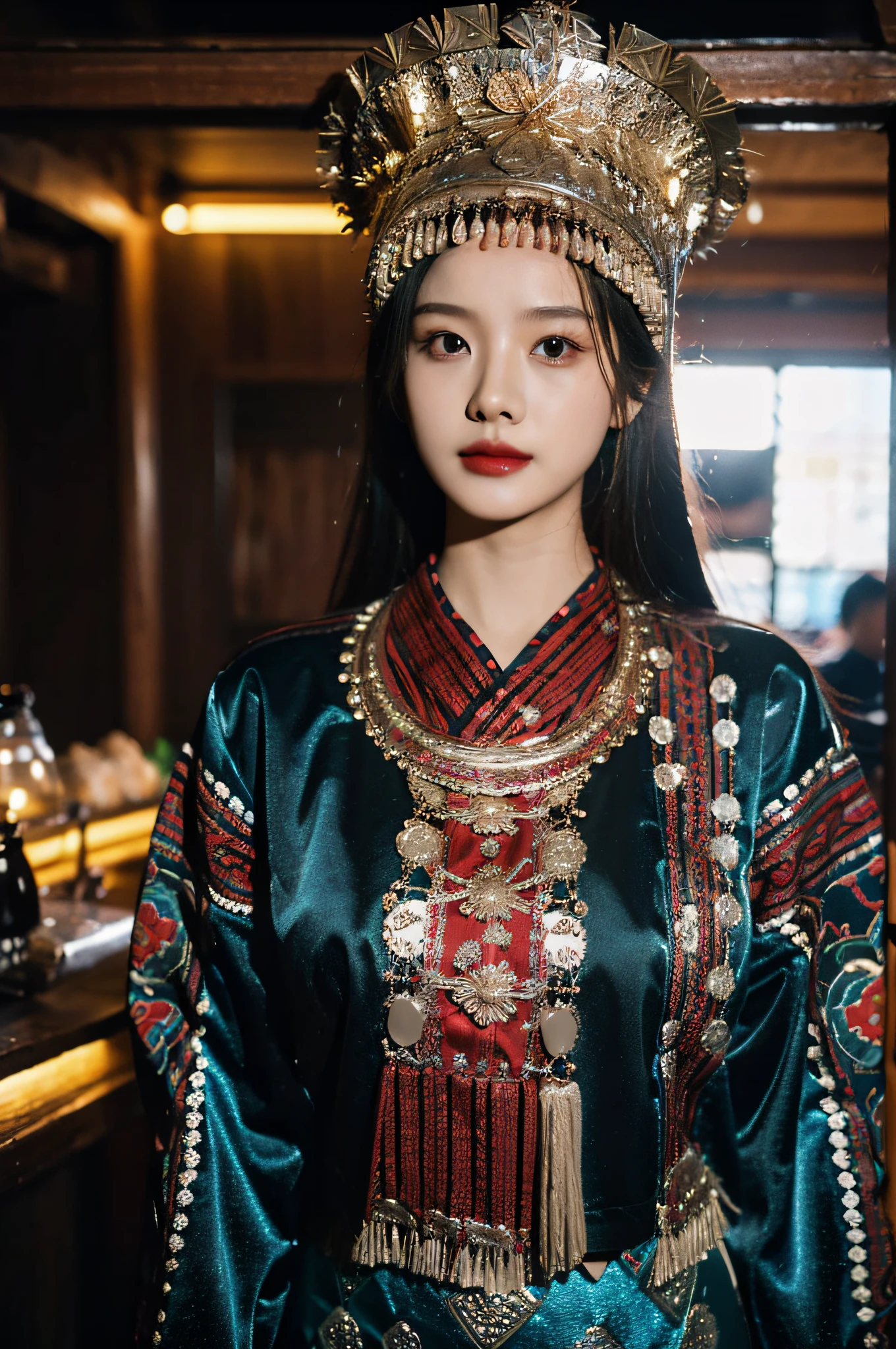 Hyperrealistic,）4K,35mm，hyper-high detail, Professional lighting, Best quality, 超高分辨率, Visually stunning, (1girll:1.1), （Hmong clothing ）,realskin,（Perfect body 1.3）Ultra-delicate face。