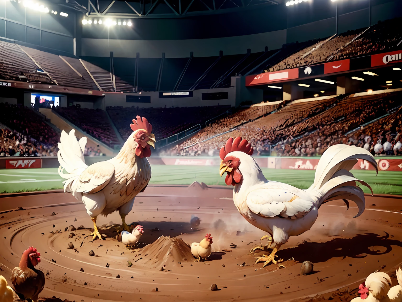(masterpiece), (arena), ((chickens)), battle, ((chicken fight)), dirt ground, crowd, stadium, (one on one)
