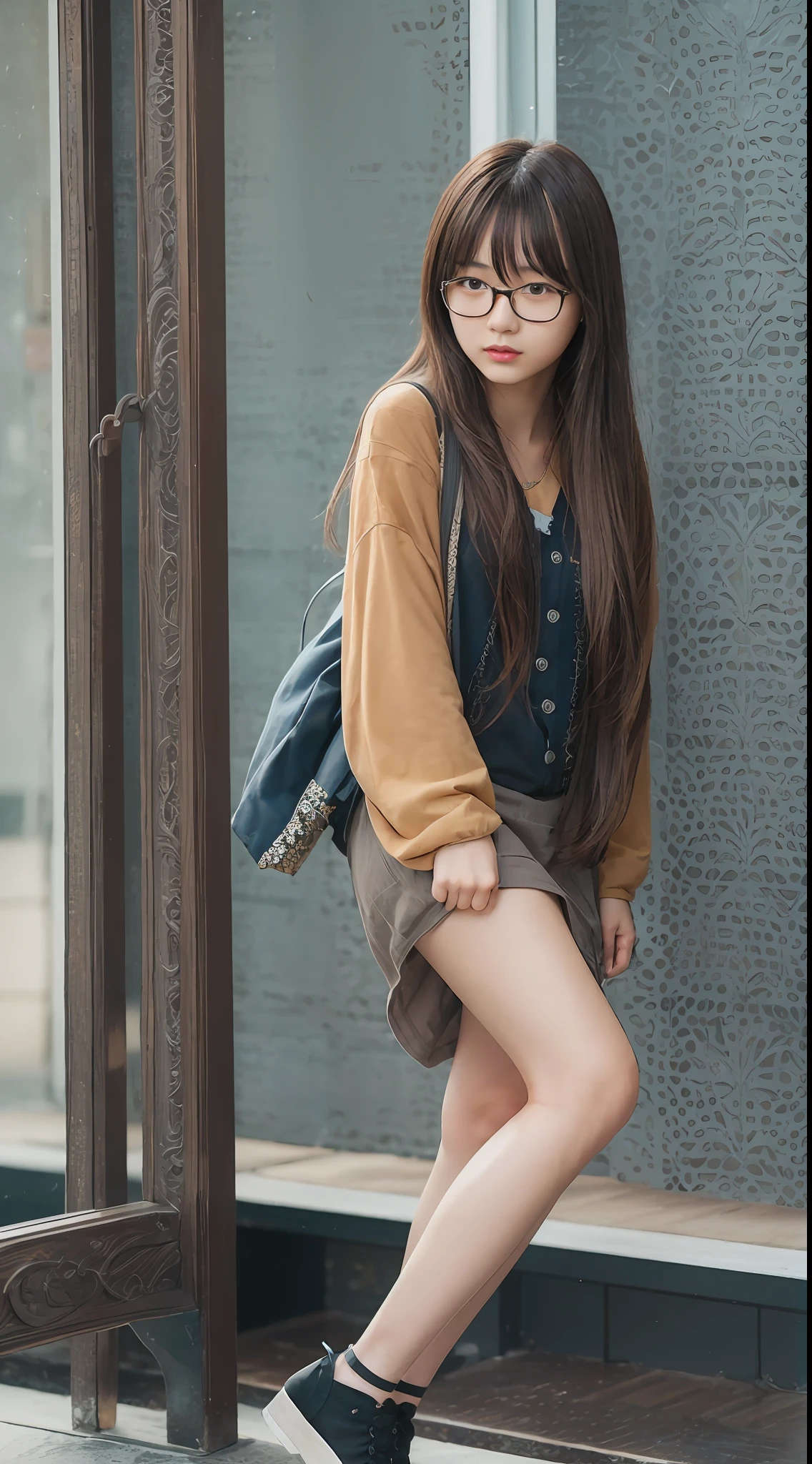 japanese young lady, {{black frame glasses}}, brown colour hair, bangs, detailed beautiful face, slim body, beautiful young girl,highly realistic photo, cute pose,full body,