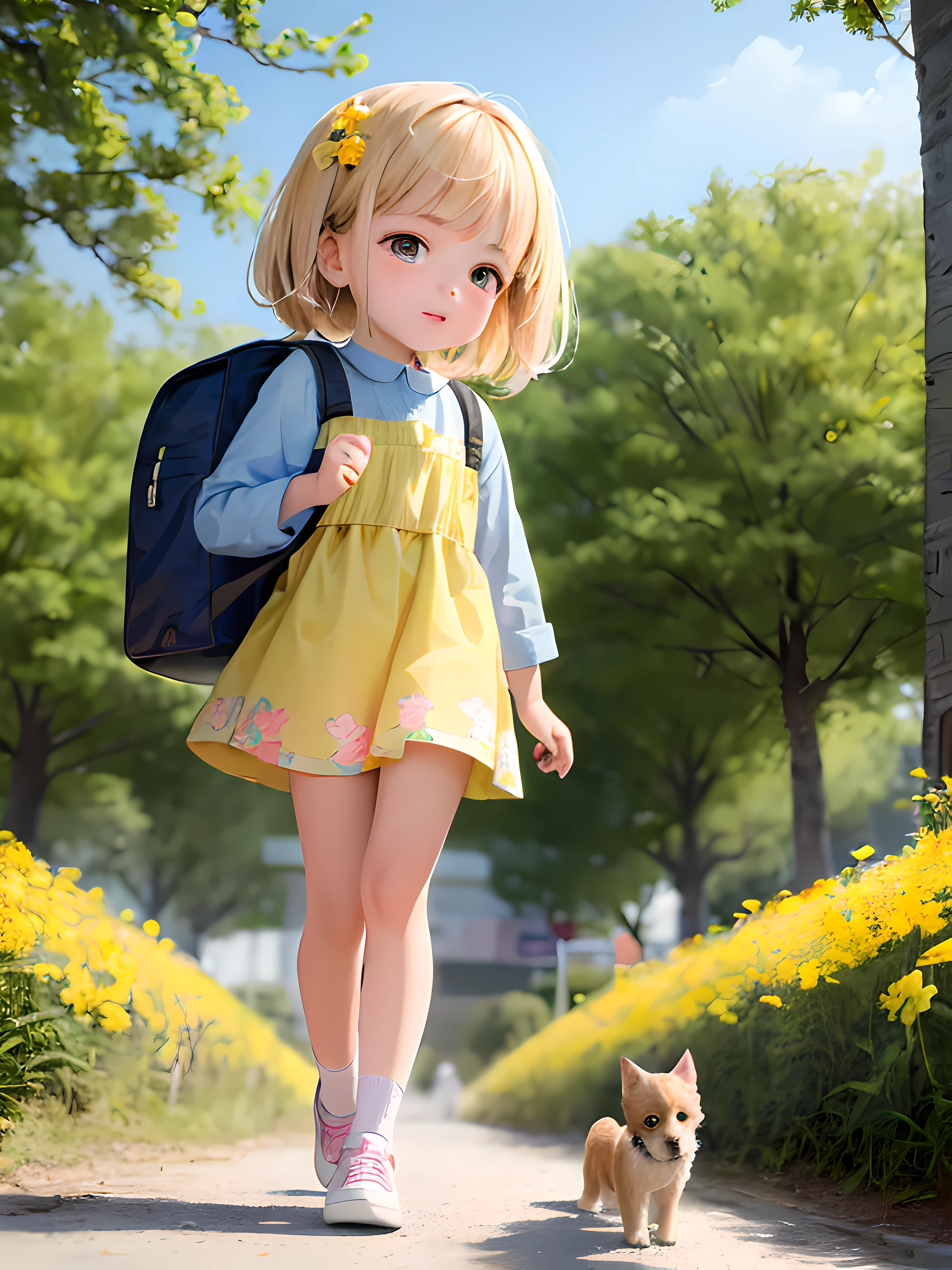 A cute little girl and her puppy,Carry a backpack and walk together among the beautiful yellow flowers and nature。Detailed depiction of the facial features of a little girl,Presented in cartoon style。Enjoy a lovely spring outing scene。(4K分辨率,hd illustration)