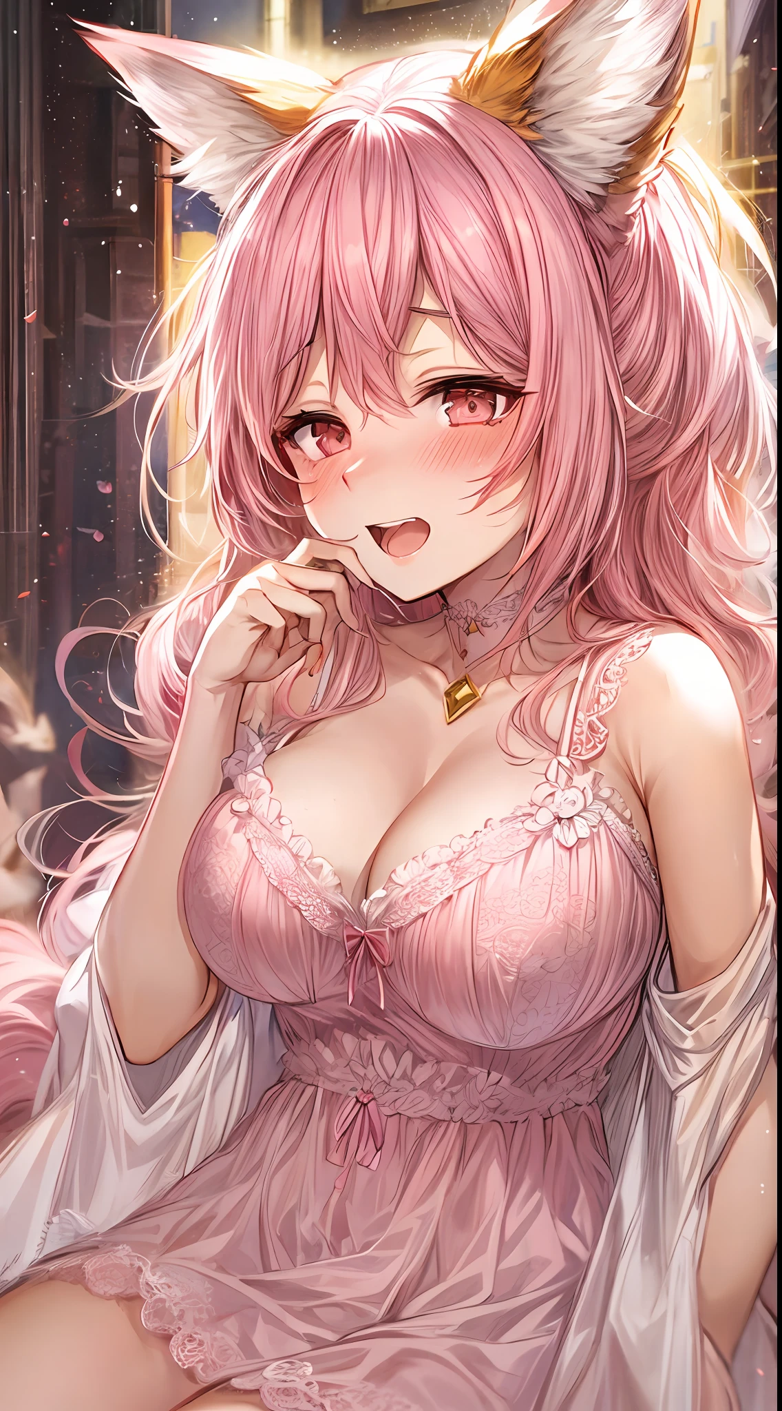 anime (🦊 fox ears, enchanting pink hair, lace nightgown, focused on ample bosom, ample bosom,  peeing self