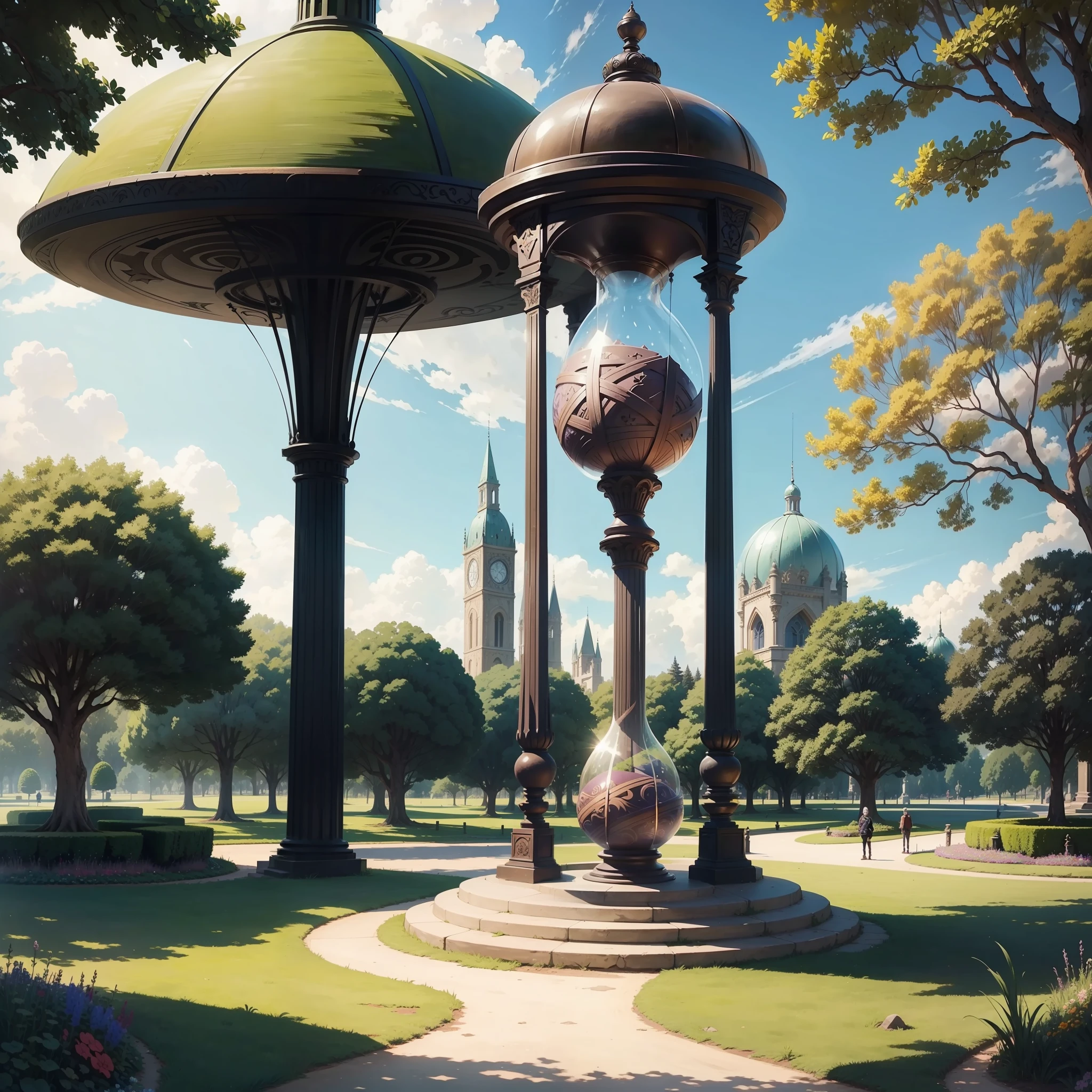 There is a large hourglass in the park. There are no people in the scene. letho. Sunny day. anime drawing. tmasterpiece. higly detailed.