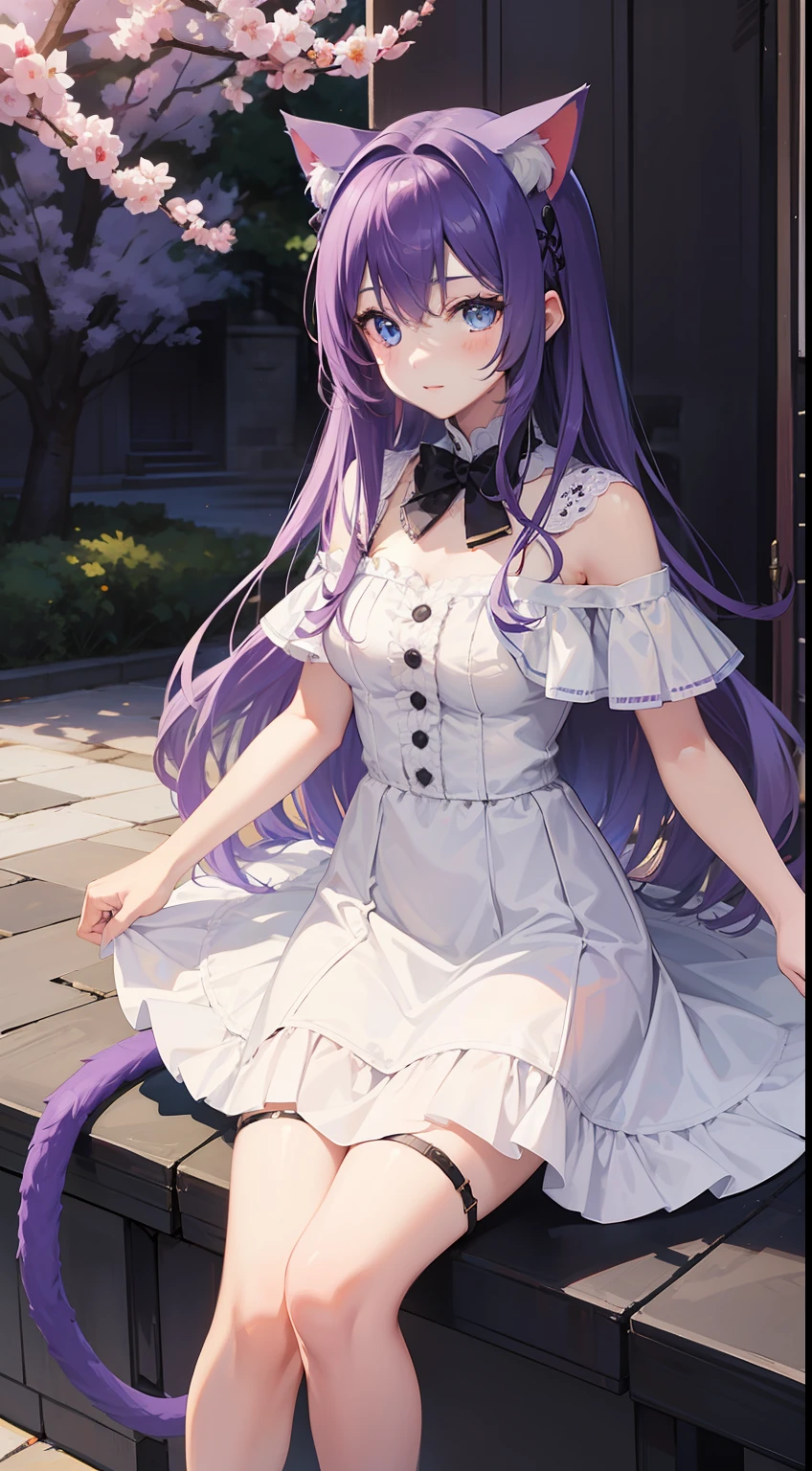 Anime girl in a white dress sitting on a step with a cat tail - SeaArt AI