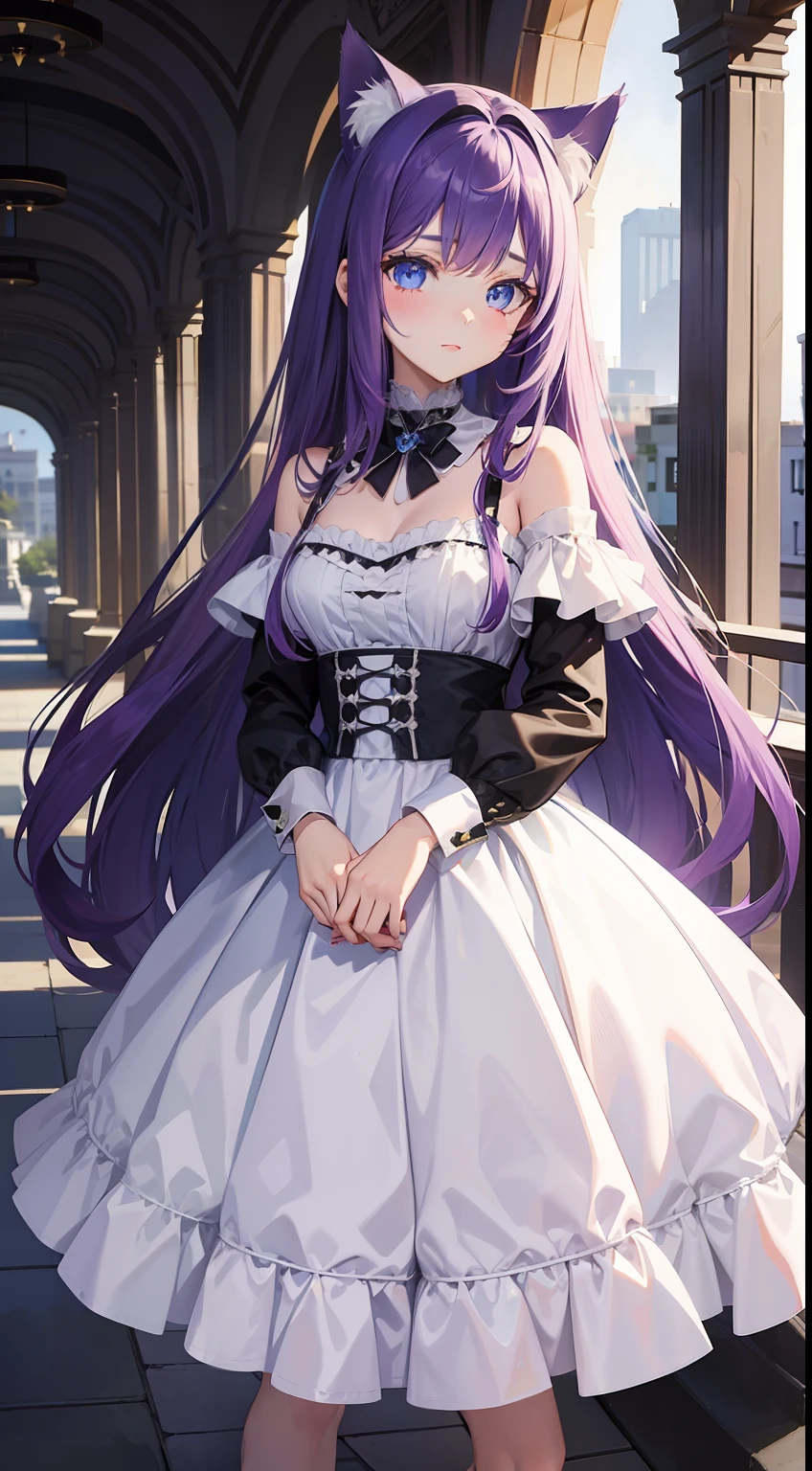 young girl, long purple hair, cat ears, cat tail, blue eyes, white luxury dress, Masterpiece, hiquality