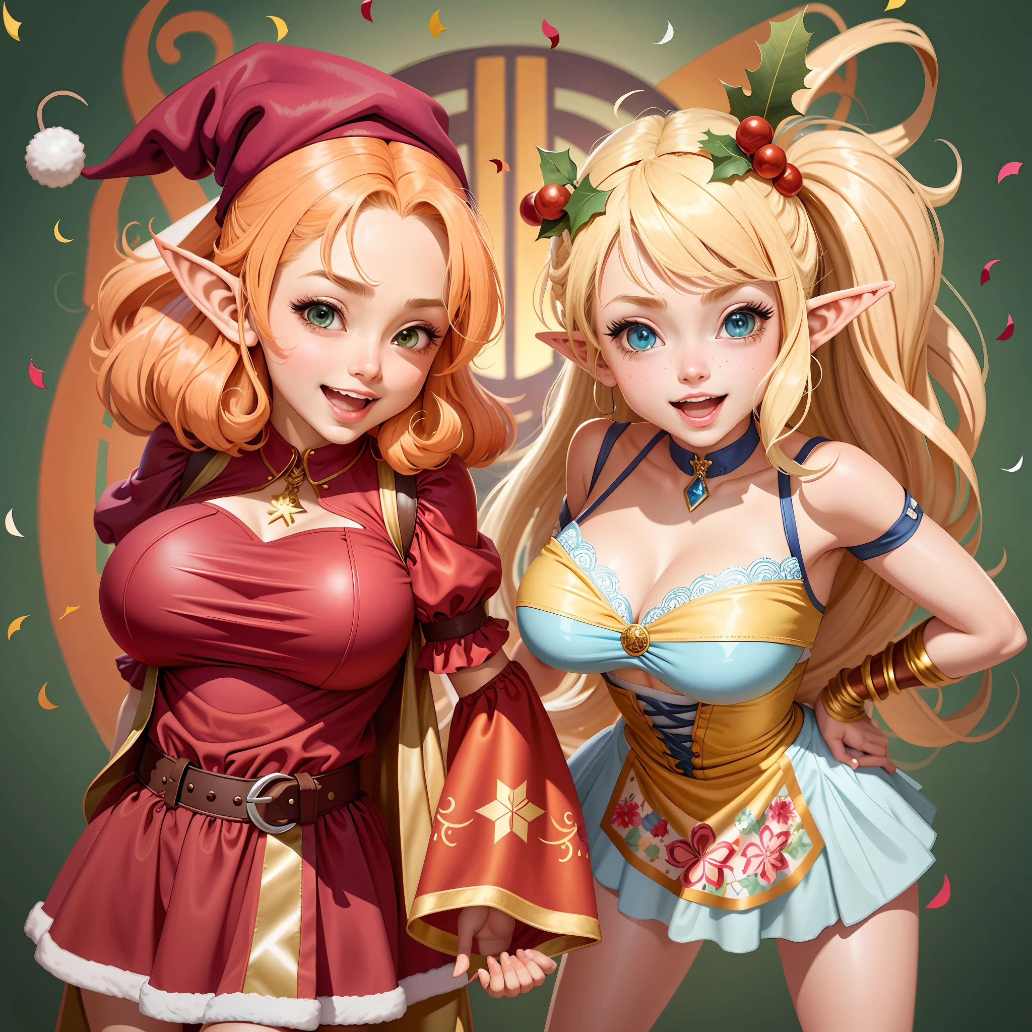 taut like a big inflated balloon、ultra gigantic tits、Super burst breasts、Super big、Big, Squeeze with both arms、Beautiful that seems to overflow from clothes、Beautiful big、Cartoon image of two women dressed in costumes and confetti, elvish, Happy!!!, v from devil may cry as an elf, high quality fan art, hq artwork, merry, Elf Girls, clew, official fan art, Lori, commission for, Christmas, shiny!!, by Josets, fanart, colored line art, colored line art, Commission for high resolution