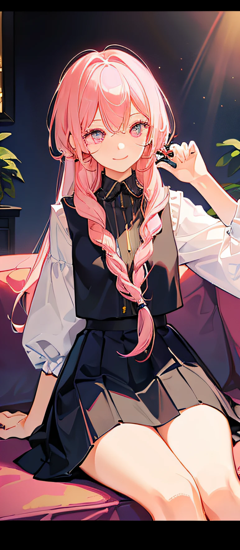 (tmasterpiece,best qualtiy:1.2),(looking at viewert),Happy face,dual horsetail,Superskirt,Pink theme,cowboy lens,sitting in the couch,inside in room,rays of sunshine,with pink hair,a pink eyes,squatt,Look up
