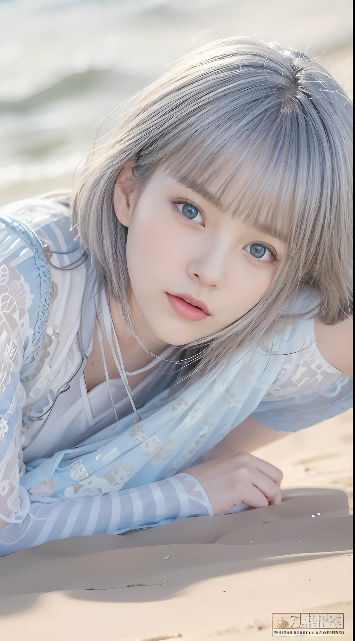 young lady, silver hair, blue eyes, detailed beautiful face, slim body, beautiful young girl,highly realistic photo, cute pose,full body,lying on the beach