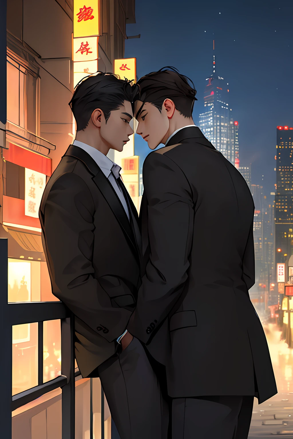 2male、​masterpiece、top-quality、超A high resolution、evening、A city scape、depth of fields、short black messy hair、Two men