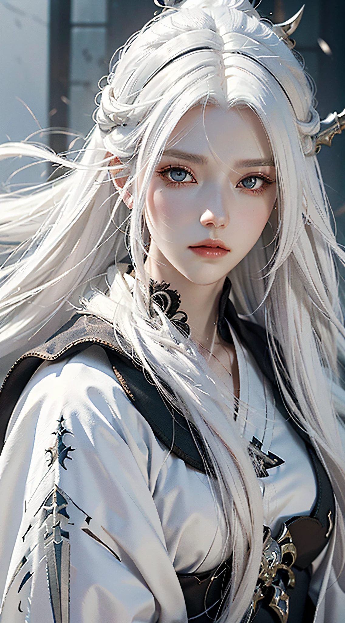 a close up of a person with white hair and a sword, white haired deity, with white long hair, with long white hair, artwork in the style of guweiz, white haired, guweiz, handsome guy in demon slayer art, beautiful character painting, by Yang J, white-haired, guweiz on pixiv artstation, anime character