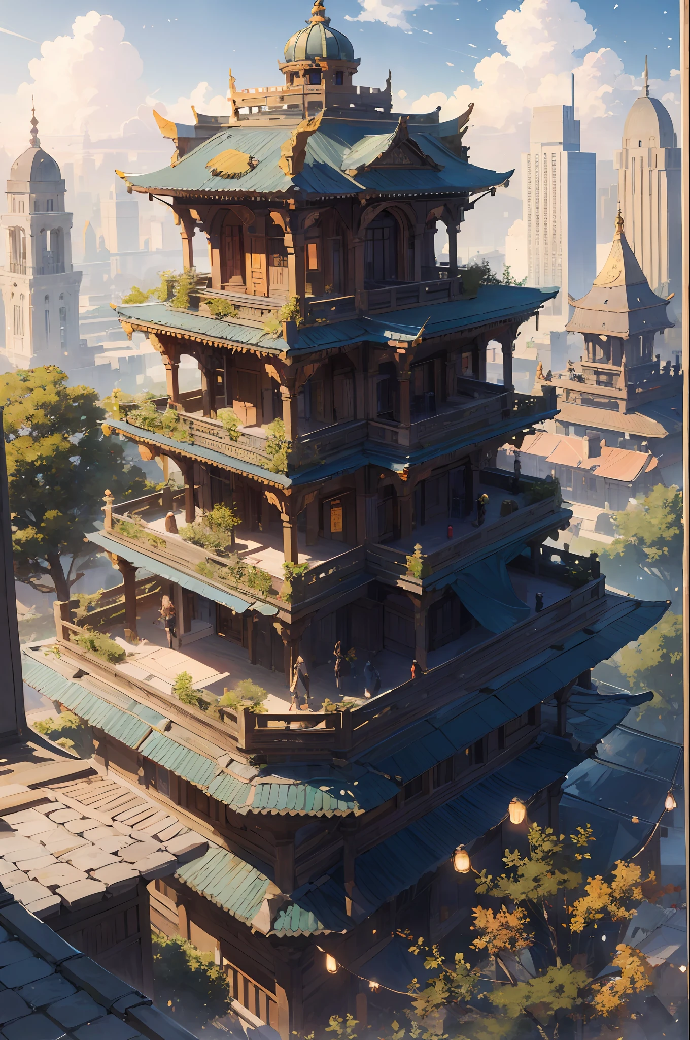absurdres, highres, ultra detailed, (1girl:1.3),
, Design a beautiful temple scene, with intricate architecture, lush gardens, and a sense of peace and spirituality.
, Create a rooftop view in an urban setting, with panoramic cityscapes, dramatic skylines, and a sense of elevation.
, Illustrate an image using pointillism, with tiny dots of color meticulously placed to create a cohesive and visually stunning whole