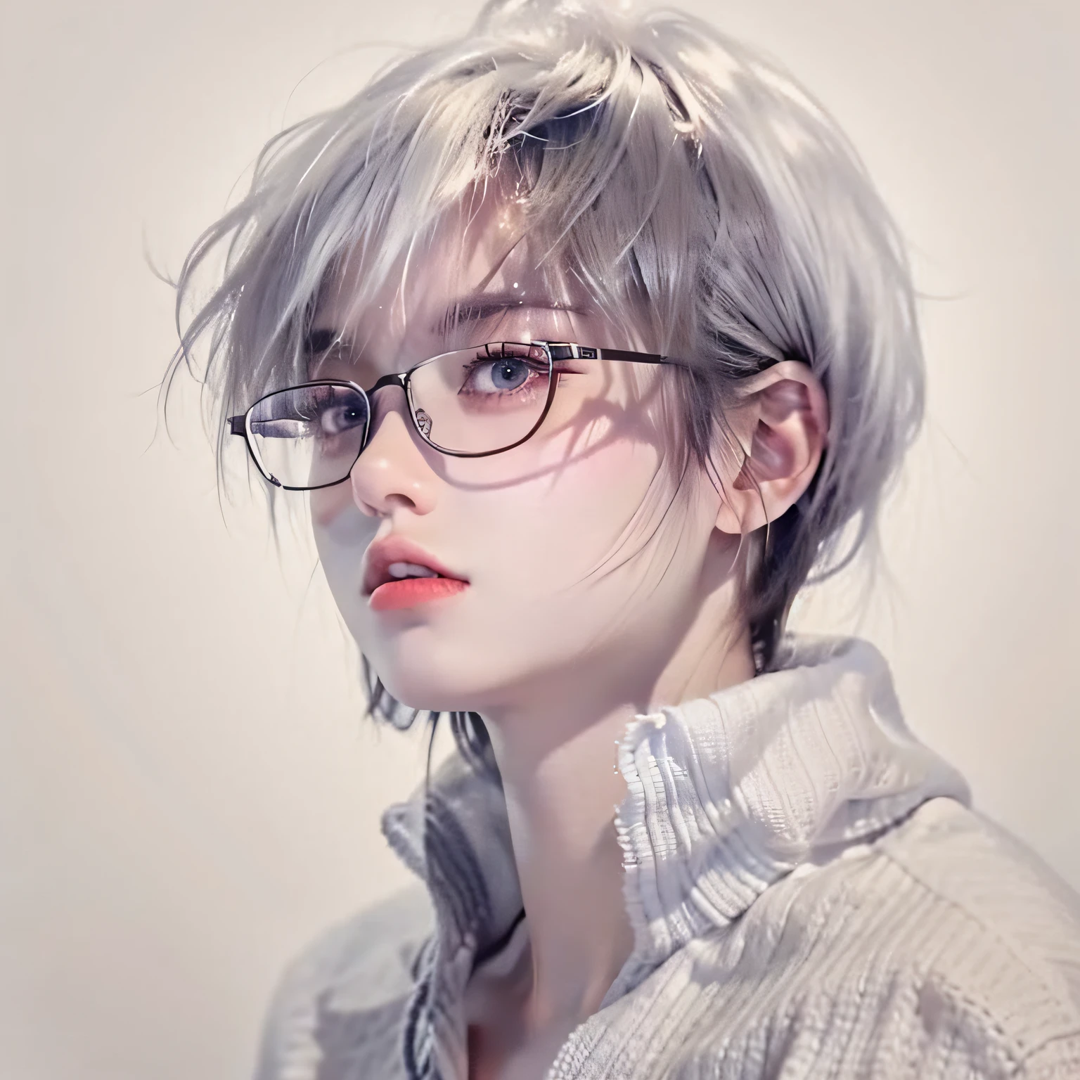 male people,Short hair for men,Single Eyelids,Small bangs hair,Small in the eyes,Square glasses with metal frame,The upper part of the body,White color blouse,The neck is slightly longer,The face shape is slightly longer and not sharp