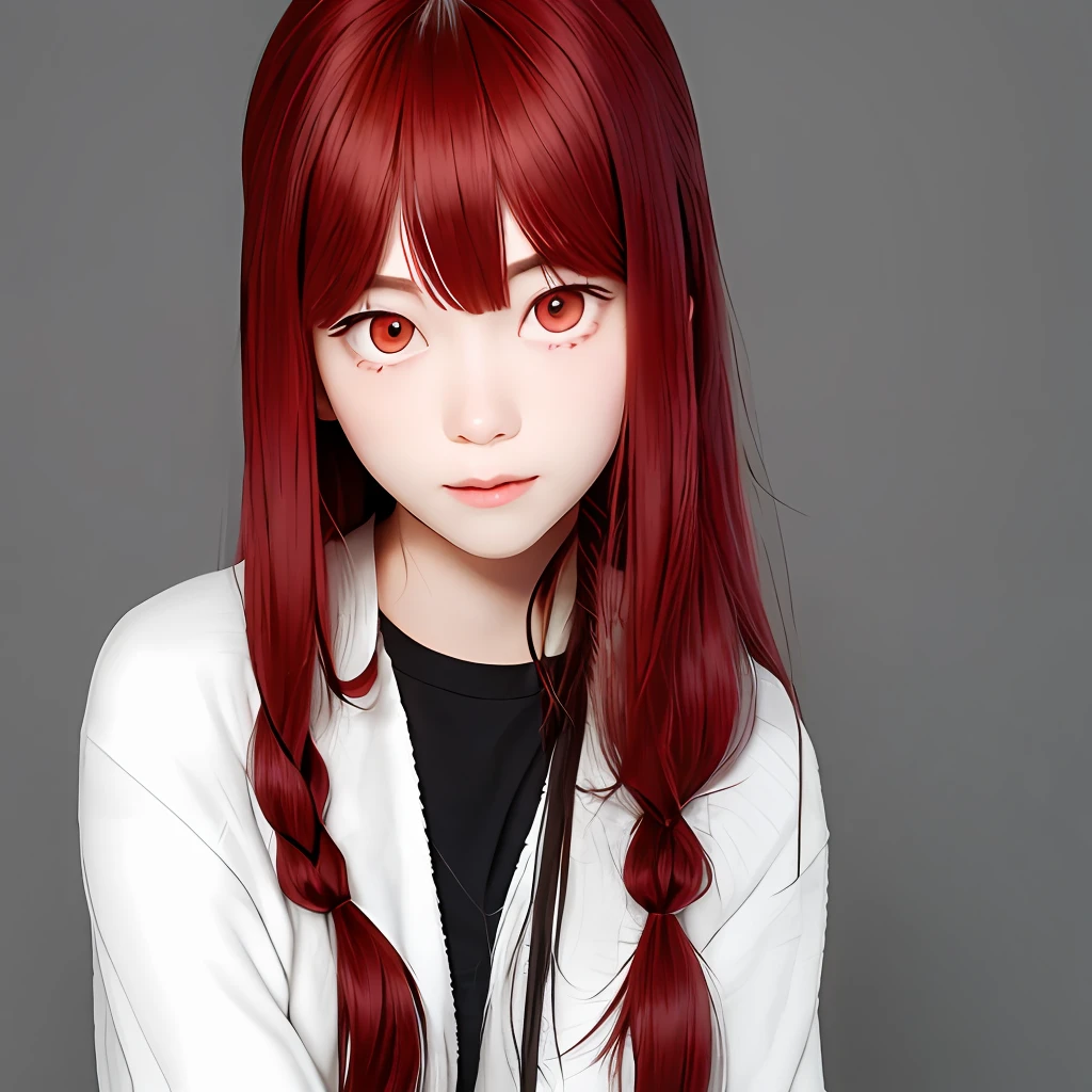 A cute girl with red hair and red eyes with two-dimensional long hair