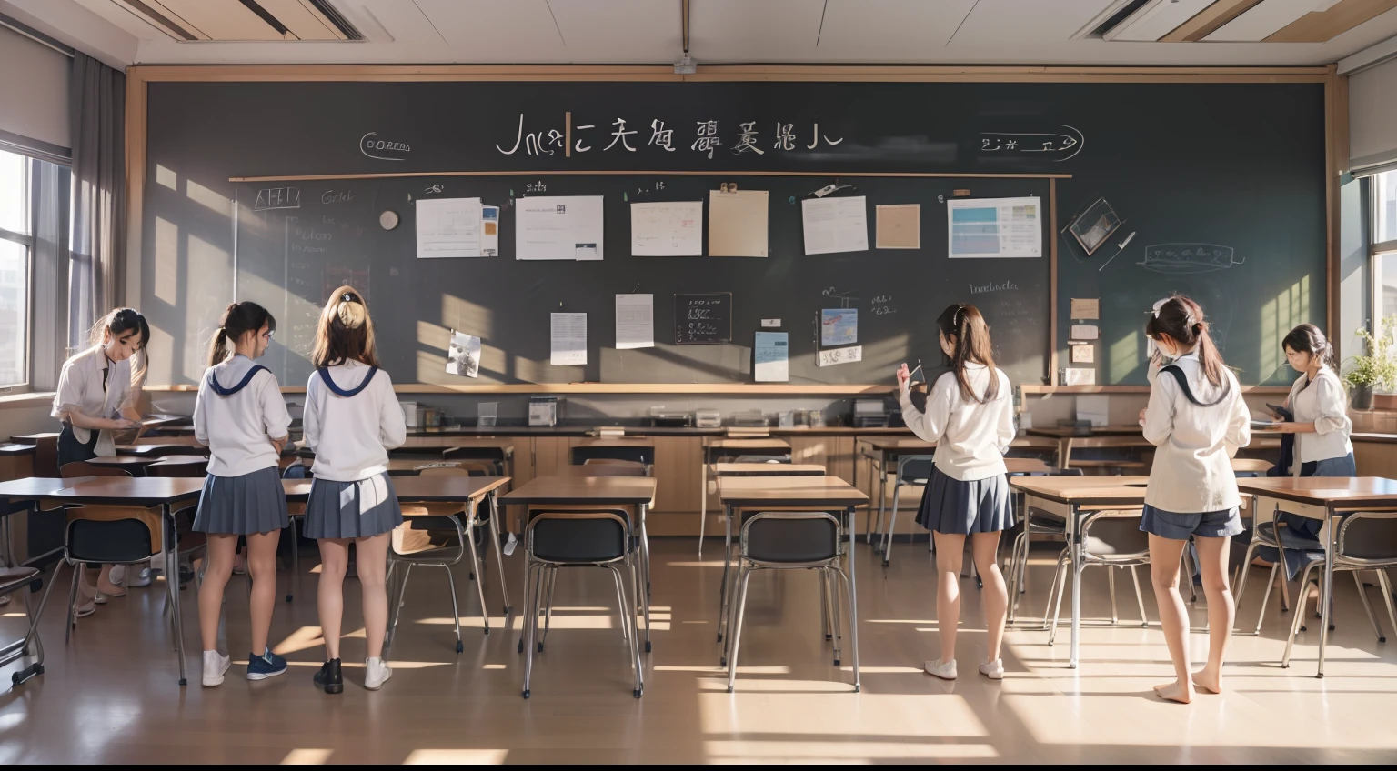 Masterpiece, Best quality, High quality,Extremely detailed Cg Unity 8K wallpaper, Best quality, Ultra-detailed, high resolution,inside in room,In the classroom,blackboards,janelas,Students line up,校服,