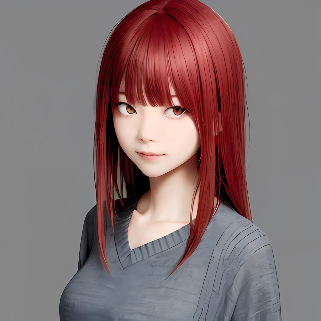 A cute girl with red hair and red eyes with two-dimensional long hair