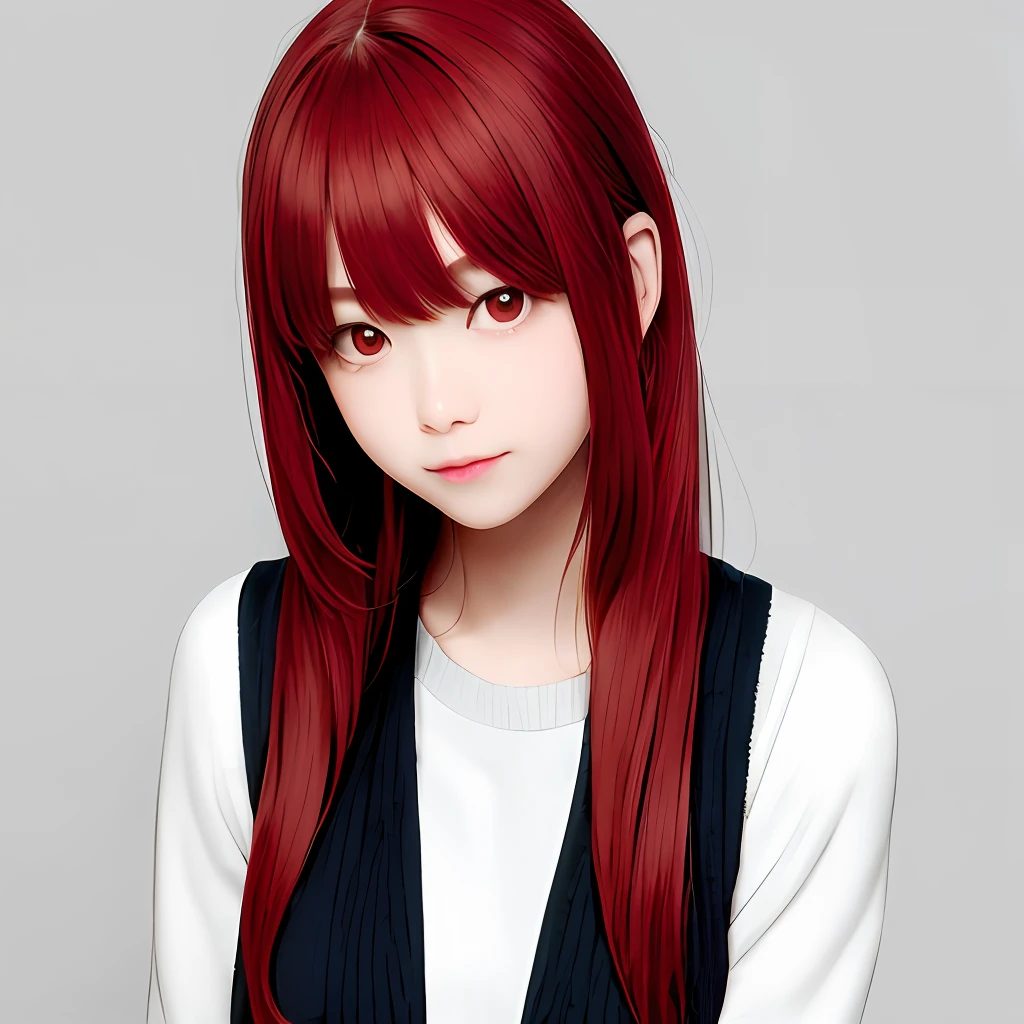 A cute girl with red hair and red eyes with two-dimensional long hair