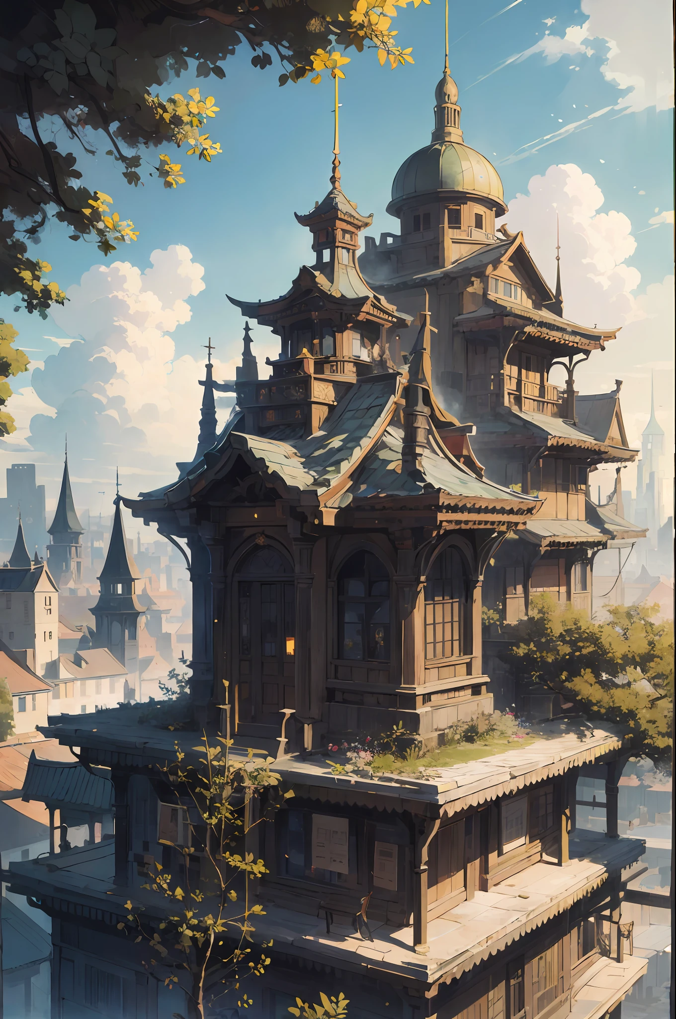 absurdres, highres, ultra detailed, (1girl:1.3),
, Design a beautiful temple scene, with intricate architecture, lush gardens, and a sense of peace and spirituality.
, Create a rooftop view in an urban setting, with panoramic cityscapes, dramatic skylines, and a sense of elevation.
, Illustrate an image using pointillism, with tiny dots of color meticulously placed to create a cohesive and visually stunning whole