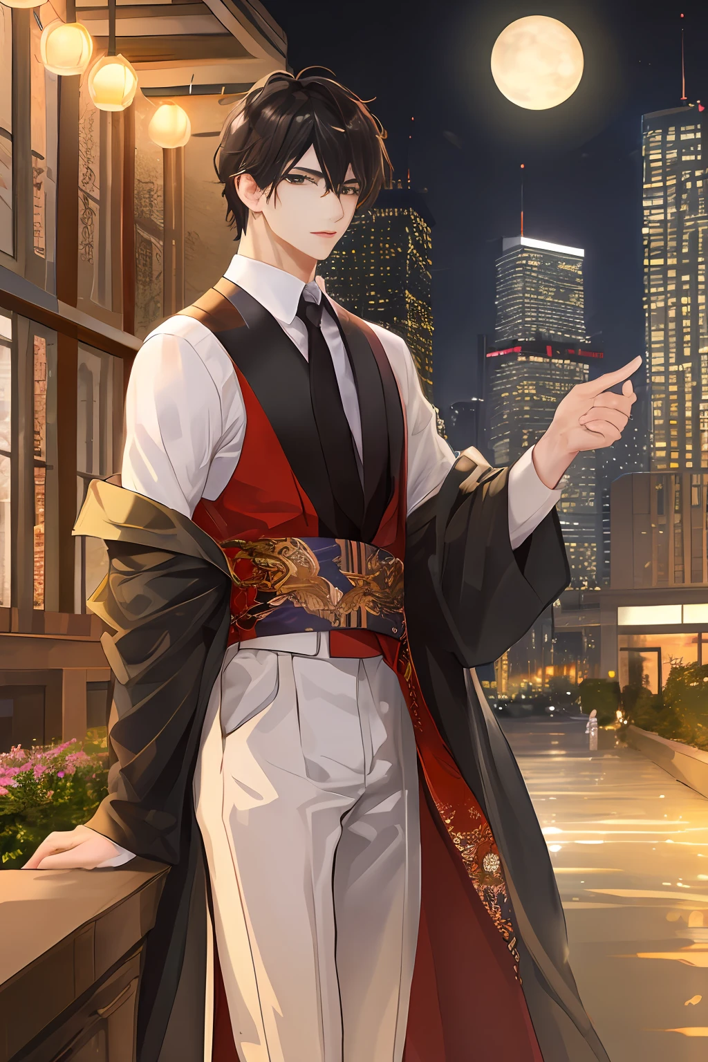 2male、​masterpiece、top-quality、超A high resolution、evening、A city scape、depth of fields、short black messy hair、Two men
