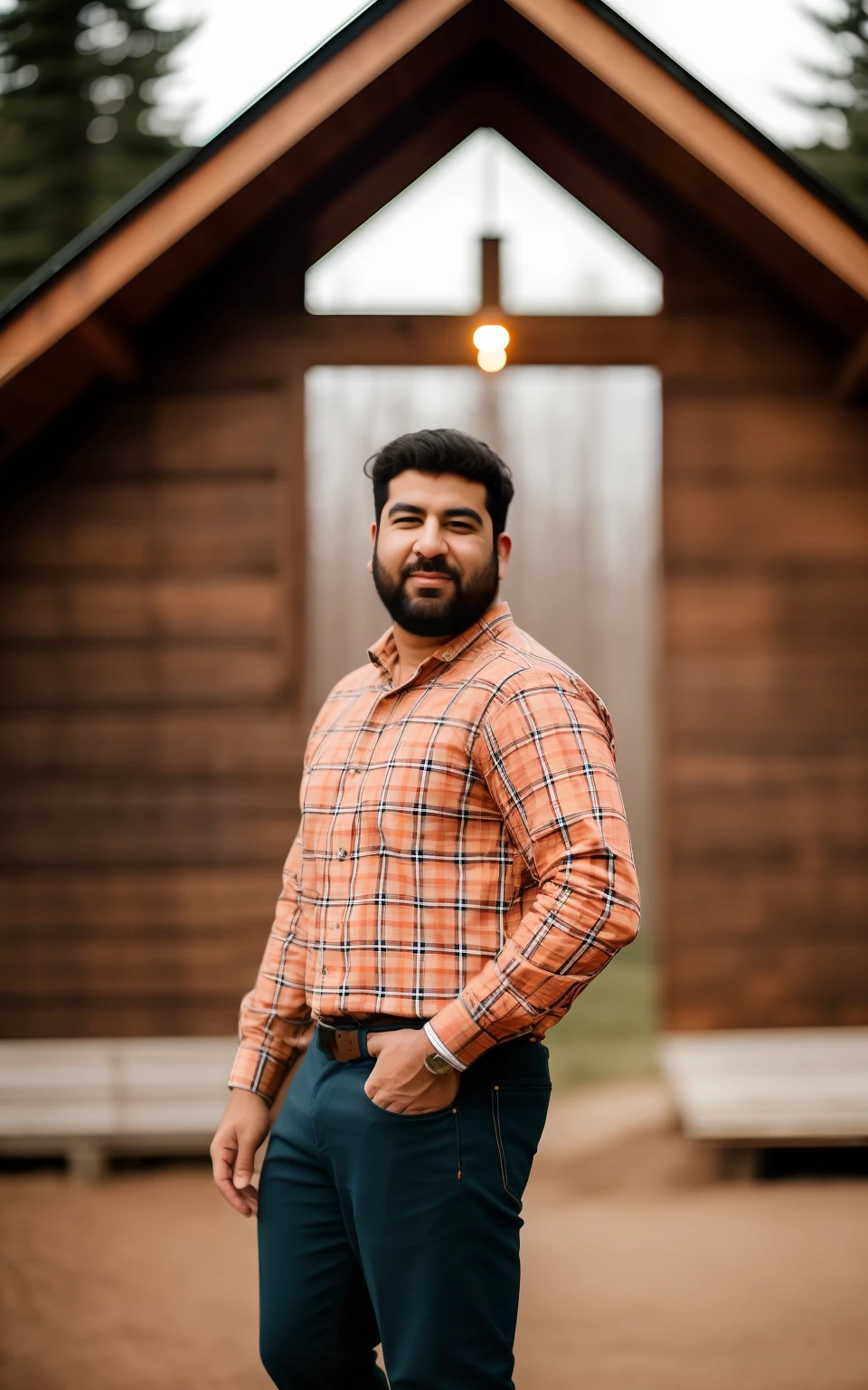 arafed man in plaid shirt standing in front of a wooden structure, shot on sony a 7 iii, shot on canon eos r5, shot on canon eos r 5, taken with canon 5d mk4, mid shot portrait, 7 0 mm portrait, shot with sigma f / 4. 2, shot with sigma f/ 4.2