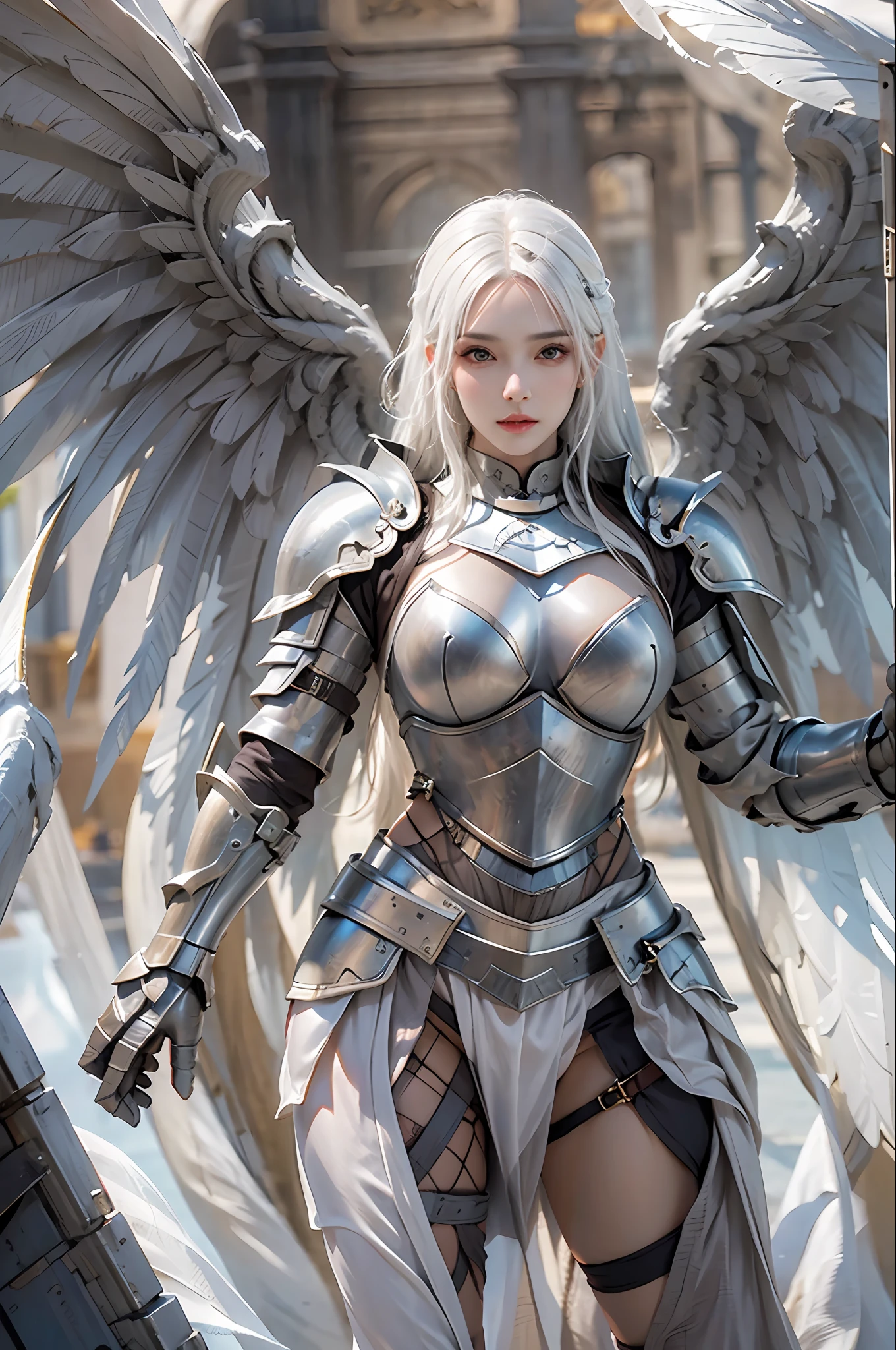 photorealistic, high resolution, 1 women, solo, hips up, look at viewer, (detailed face), white hair, medium breast, knight armor, angle wings
