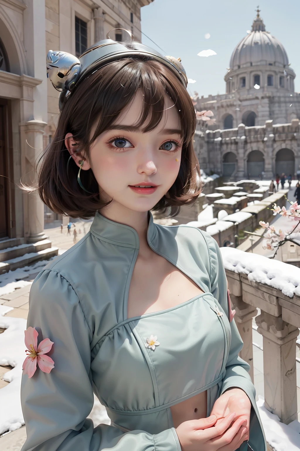 (Masterpiece),(Best quality),(Ultra-detailed), (full bodyesbian:1.2),
2girls,duo,In Castel Sant'Angelo in Rome,navel,winter,Snow,crowd,Cute, Smile, Open mouth,
flower, Outdoors,Jacket, Blush,shirt, Short hair, Cherry blossoms, green headwear, Blurry, Brown hair, Blush stickers, Long sleeves, bangs, Earphone, Black hair,
(Beautiful detailed face), (Beautiful detailed eyes),