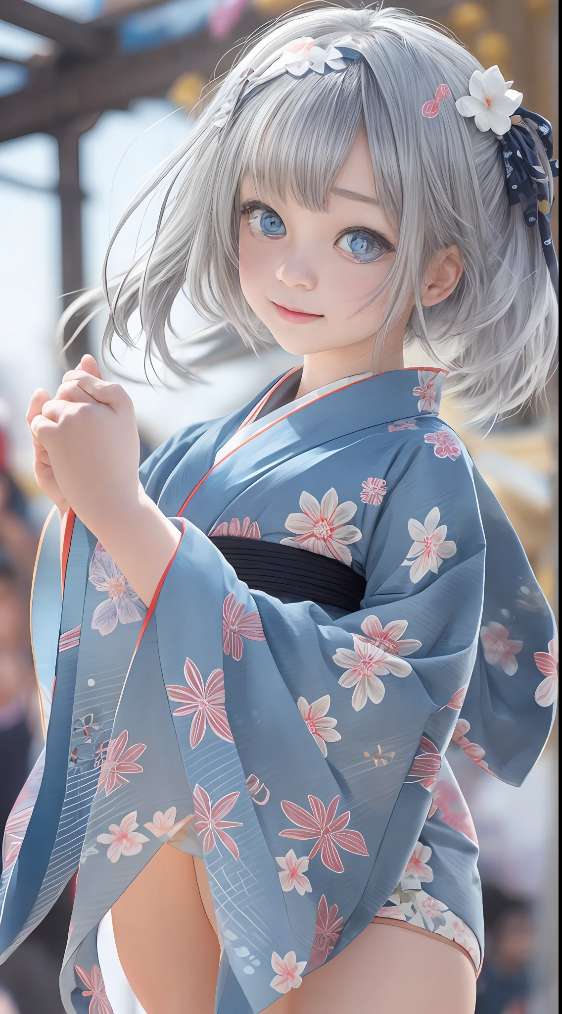 Bon dance festival,young ladys, silver hair, blue eyes, detailed beautiful face, slim body, beautiful young girls,highly realistic photo, cute pose,full body,dancing on the yagura stage,yukata