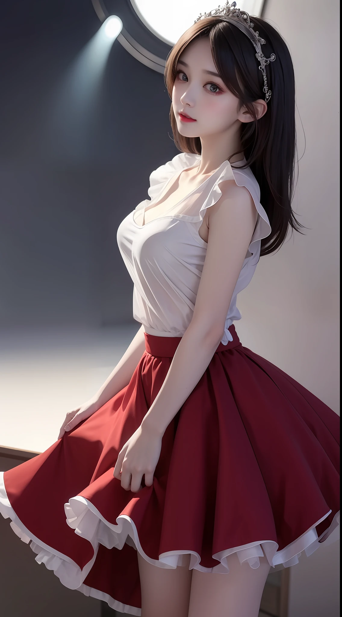 8K uhd, materpiece, a beautiful girl, detaild eye, good face, good skin, beautiful dress, red skirt, half skirt, fantacy, shining skirt, blur effect, high light, mind blowing, whole body capture,