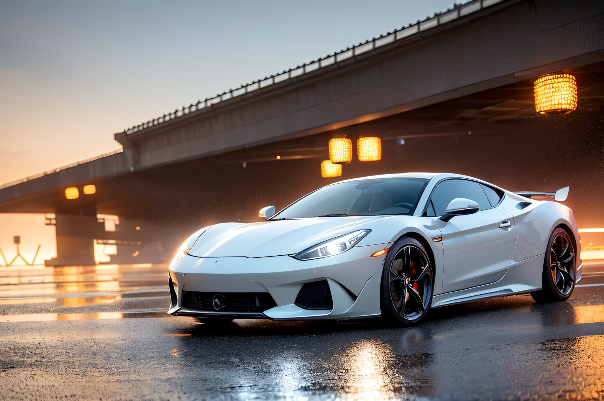 (Best quality, Masterpiece:1.2), Photorealistic, (Ambient light:1.3), (Cinematic composition:1.2), 8K, hdr, 超高分辨率, Exquisite details and textures, sports cars, super car, tail lights, Sunset, Street view, skyscrapper, skylines, Cyberpunk, Neon lights, Clouds, rained, wetfloor, Reflection, Dusty air, Light particles, ray of lights, Detailed background, Depth of field, Professional lighting, photon maping, Radio City, Physically-based rendering